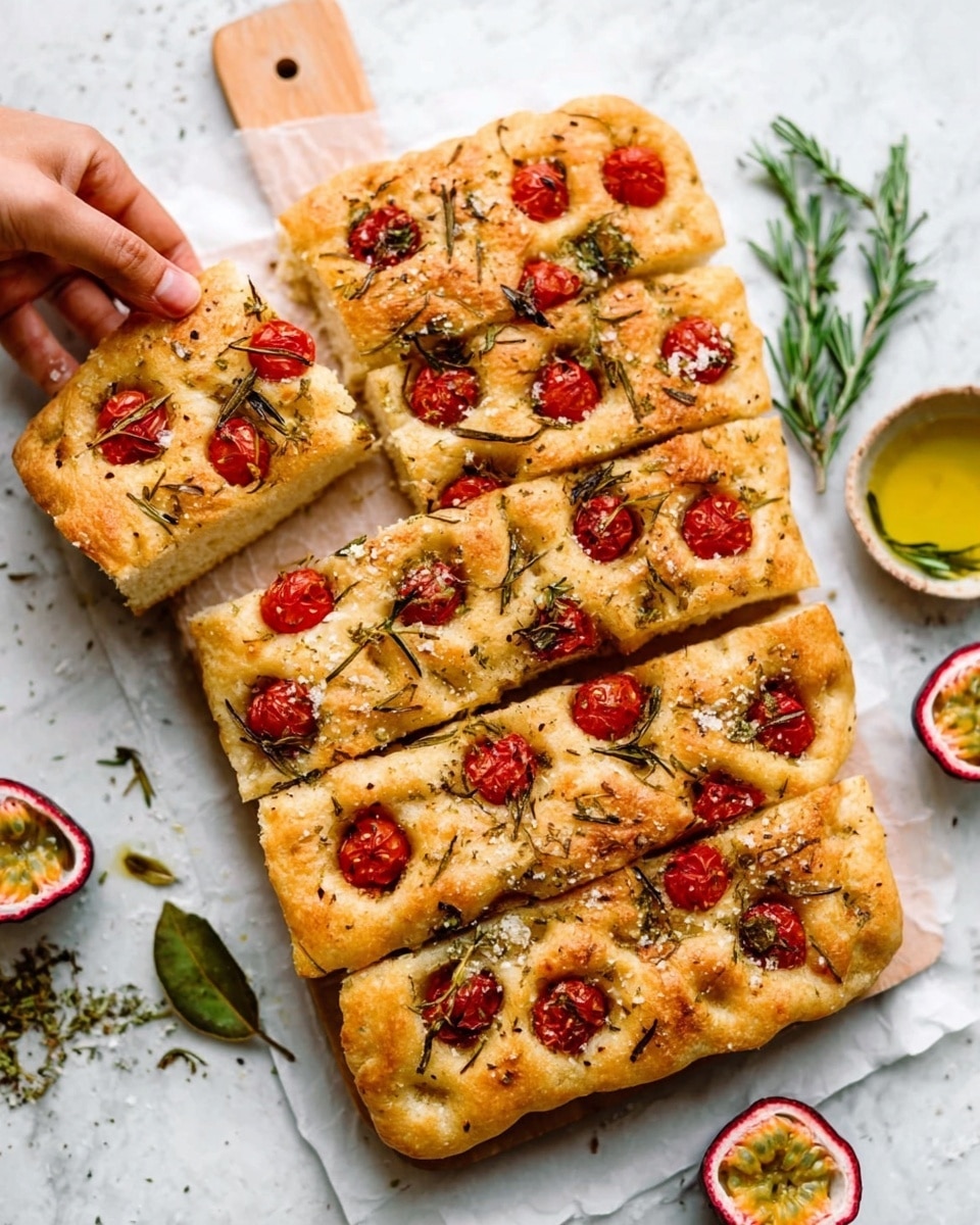 The image shows a white flat bread focaccia on a light wooden board over a white marbled surface. The focaccia is cut into rectangles and topped with cherry tomato halves that are bright red and juicy, scattered evenly across the surface. The bread is golden brown with a soft, fluffy texture and sprinkled with fresh green rosemary leaves and coarse sea salt crystals. A woman's hand is reaching from the left side, about to pick up a piece. Around the board, there are small bowls with olive oil and herbs, and halved passion fruit with bright yellow centers visible. The background is light and clean. photo taken with an iphone --ar 4:5 --v 7