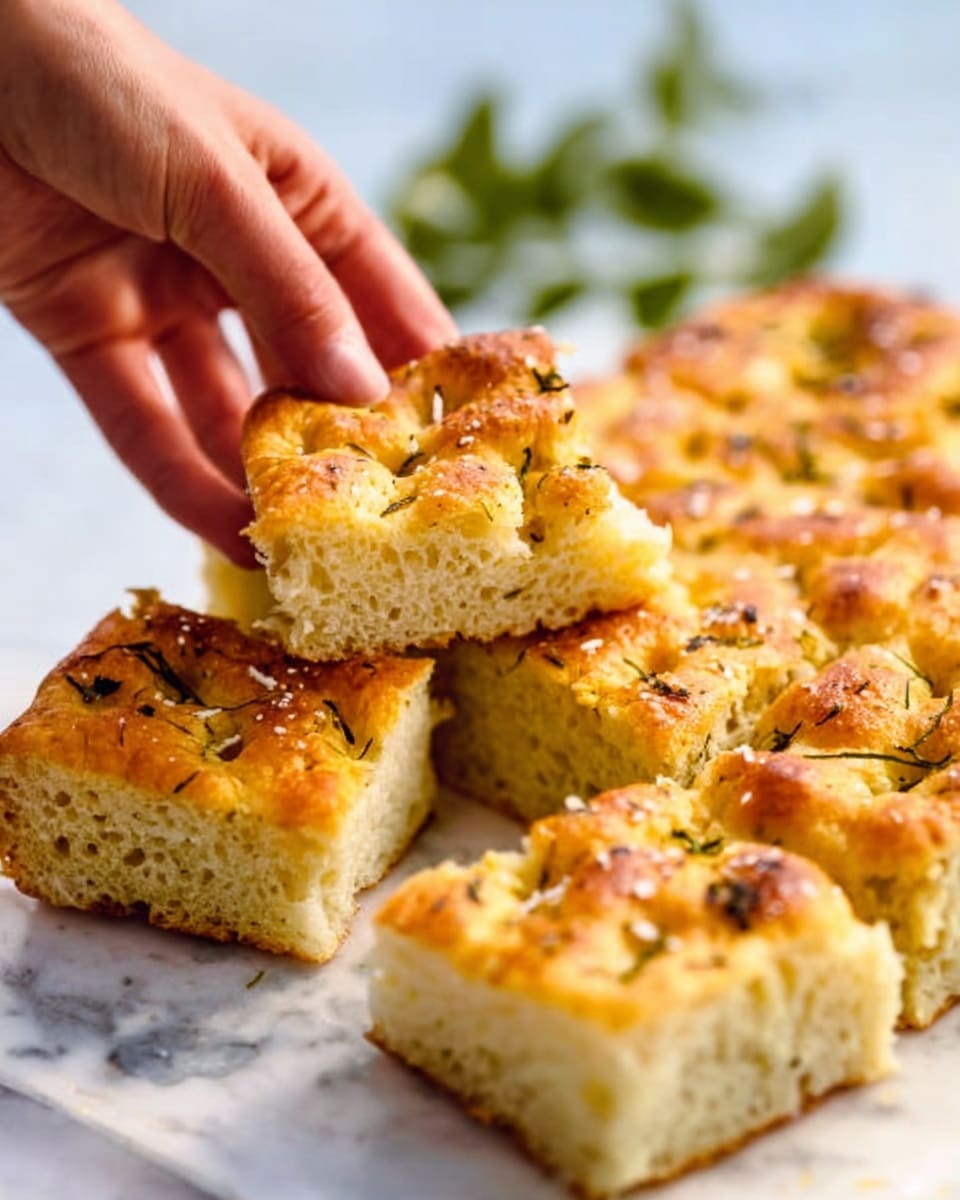 The image shows several square pieces of golden-brown focaccia bread with a slightly rough and fluffy texture, sprinkled with small bits of herbs and coarse salt on top. A woman's hand is lifting one piece, showing the soft, airy inside with visible air pockets. The pieces rest on a white marbled surface with green leaves blurred in the background. The lighting is bright and natural, highlighting the bread's warm color and soft texture. photo taken with an iphone --ar 4:5 --v 7