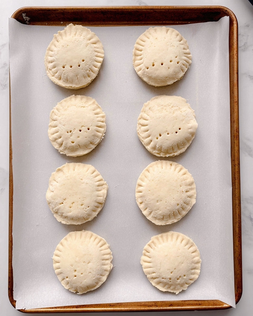 The image shows eight round dough pockets placed in two columns on a baking tray lined with white parchment paper. Each pocket has two layers of pale, uncooked dough pressed together and sealed around the edges with a fork, creating a textured pattern. Small holes are poked on top of each pocket for ventilation. The dough looks soft and slightly rough in texture, with some pockets having a few small cracks along the edges. The baking tray has a light brown color and sits on a white marbled surface. photo taken with an iphone --ar 4:5 --v 7