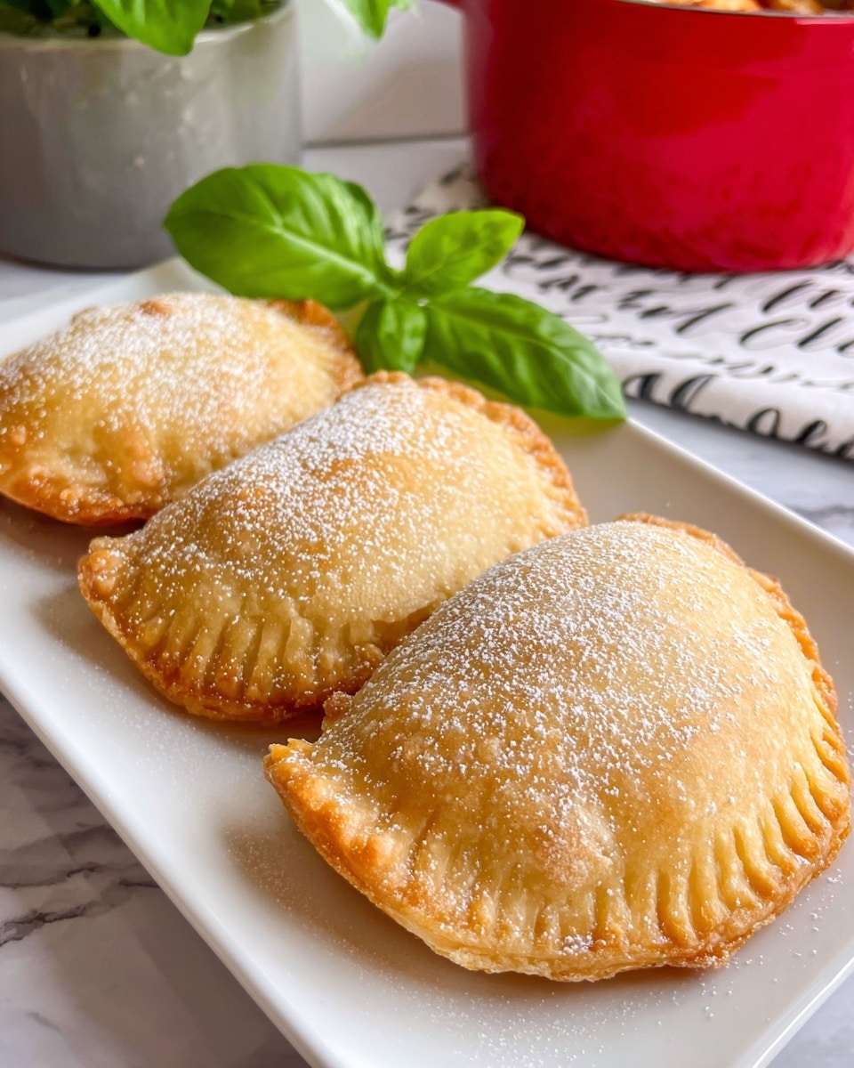 Three round fried pastries are placed in a row on a long white rectangular plate over a white marbled surface. Each pastry is golden brown with a light dusting of white powder on top, giving them a slightly textured look. The edges of the pastries are crimped with fork marks, showing a sealed seam. In the background, there is a green basil leaf garnish adding a fresh touch. The setting includes a red object and a white cloth with black script, and a light gray pot with food or a plant is slightly visible. Photo taken with an iphone --ar 4:5 --v 7