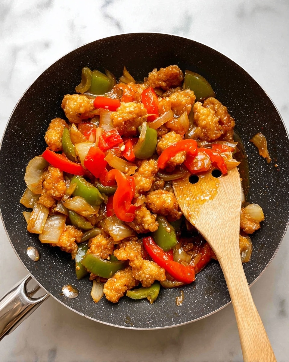 A black pan filled with a cooked dish made of golden brown crispy pieces and colorful vegetable chunks. The golden brown pieces are irregular in shape with a crispy texture, scattered evenly throughout the pan. The vegetables include bright red bell peppers, green bell peppers, and translucent white onion pieces, all cut into medium-sized chunks and mixed well with the crispy pieces. A light shiny sauce coats all ingredients, giving a glossy look. A wooden spoon with a round hole lies in the pan, partly submerged under the food. The pan rests on a white marbled surface photo taken with an iphone --ar 4:5 --v 7