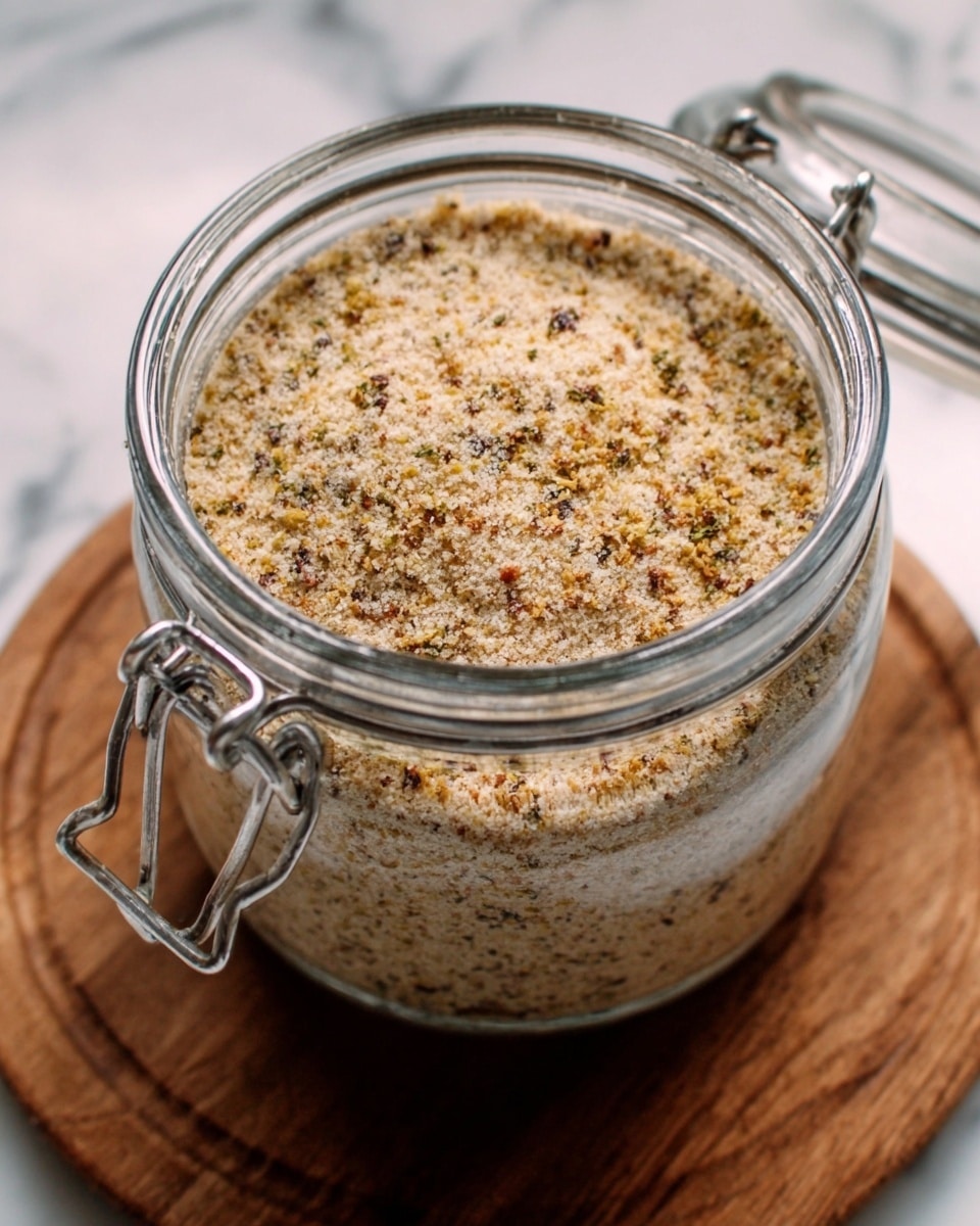 A glass jar with a silver latch is filled to the top with a dry mix that looks crumbly and finely ground. The mix has a light tan color with small darker brown and green bits scattered throughout. The jar is placed on a white marbled surface that adds a clean and bright contrast to the warm tones of the mix. photo taken with an iphone --ar 4:5 --v 7