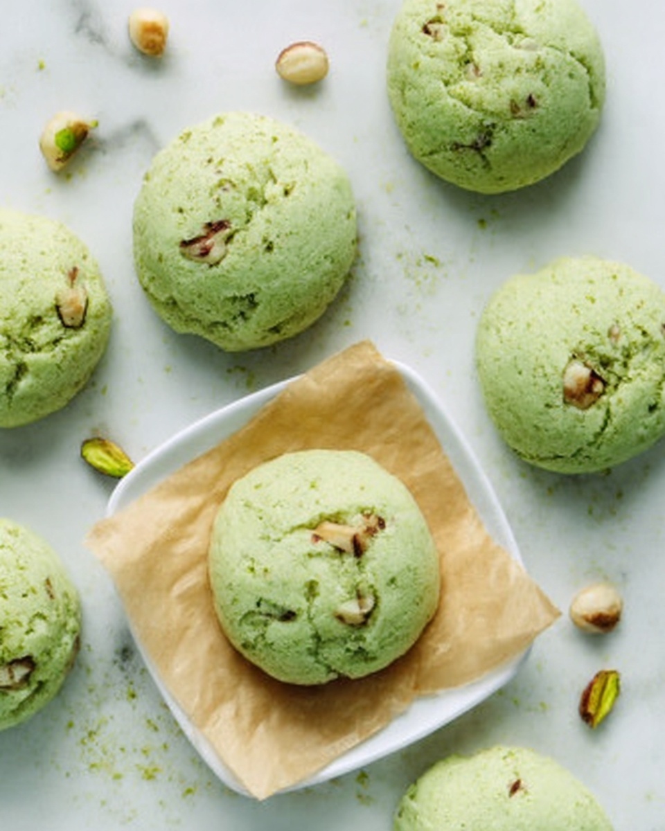 The image shows several round, soft-looking green cookies on a white marbled surface. Each cookie has a smooth texture with small nut pieces visible on and inside them. One cookie is placed on a small piece of light brown parchment paper, which sits on a white square plate. The cookies are spaced out neatly, with a few whole nuts scattered around them. The lighting is bright and natural, highlighting the pastel green color of the cookies and the white marbled background. photo taken with an iphone --ar 4:5 --v 7