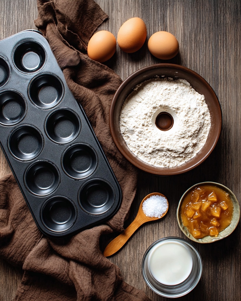 Easy Popovers in a Muffin Tin Recipe 4 A dark metal muffin tray with twelve empty cups is set on a wooden textured surface. Nearby are three brown eggs placed in a row above a brown bowl filled with white flour that has a small indentation in the center. A small wooden spoon with white salt rests next to the bowl. To the right, a small white bowl holds chunky golden caramel or syrup. Below, a clear glass cup with white milk sits next to another clear glass cup filled with water. A brown cloth is spread out beneath the bowl and cups. Photo taken with an iphone --ar 4:5 --v 7