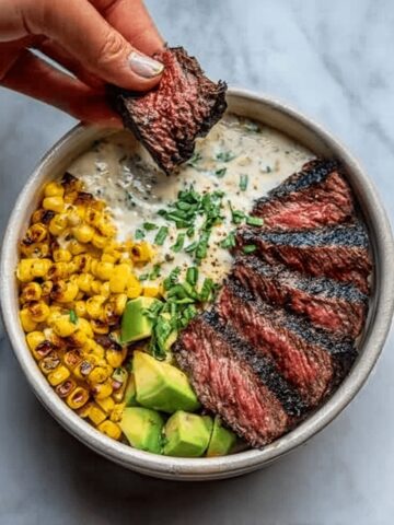 Steak Avocado Roasted Corn Bowl with Cilantro Cream Sauce Recipe