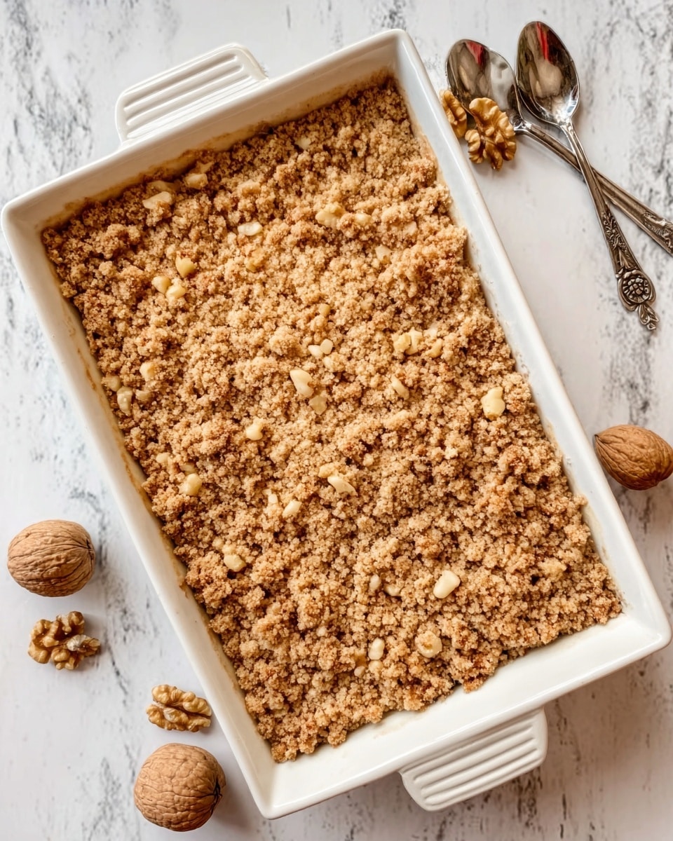 A rectangular white ceramic baking dish filled with a crumbly textured topping that is light brown with small chunks of nuts scattered across the surface. The dish rests on a white marbled surface with a few whole walnuts and two small silver spoons to the side. The crumb topping looks evenly spread with a rough and grainy appearance, giving a homemade feel. photo taken with an iphone --ar 4:5 --v 7