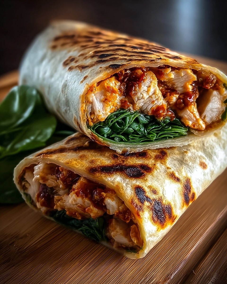 The image shows five wraps placed on a wooden board against a blurred dark background. Each wrap is cut in half, revealing three main layers inside: a golden-brown grilled outer tortilla with a slightly charred texture, a middle layer of bright fresh green spinach leaves, and an inner filling of juicy white chicken pieces coated in a thick, dark reddish-brown sauce with bits of orange carrot scattered throughout. The wraps are stacked in a way that three halves lean against each other in the back, while two wrap halves lie flat in the front, all clearly showing the colorful filling layers. Photo taken with an iphone --ar 4:5 --v 7