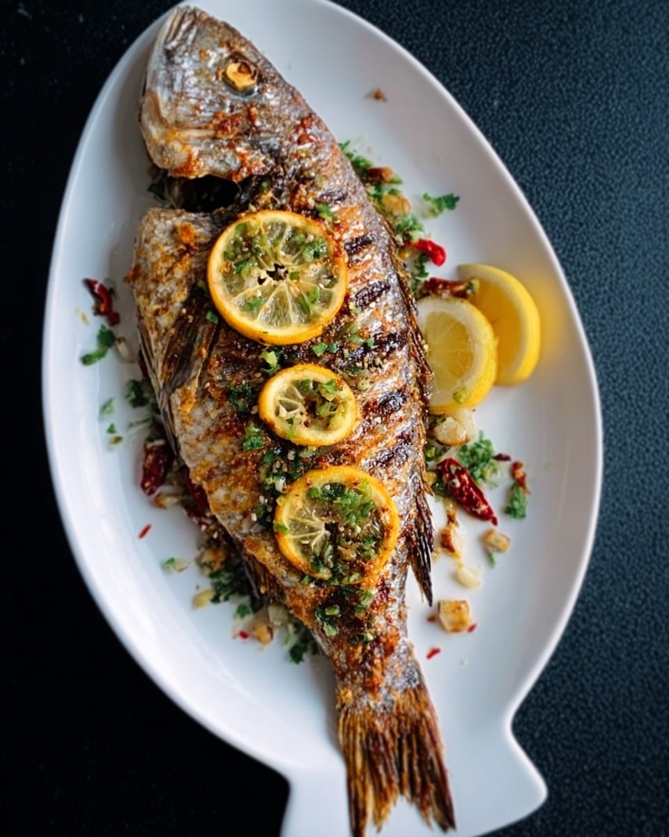 The image shows two grilled whole fish with golden brown, crispy skin and charred marks, laid flat on a dark gray surface. One fish is placed centrally and the other partially visible on the bottom left. Around the fish are bright red cherry tomatoes still on their green vine, vibrant green leafy herbs, a charred red pepper, and yellow lemon wedges on the edges. The texture of the fish skin is rough and crispy with some areas showing white flaky flesh underneath. The scene is set on a white marbled surface. photo taken with an iphone --ar 4:5 --v 7