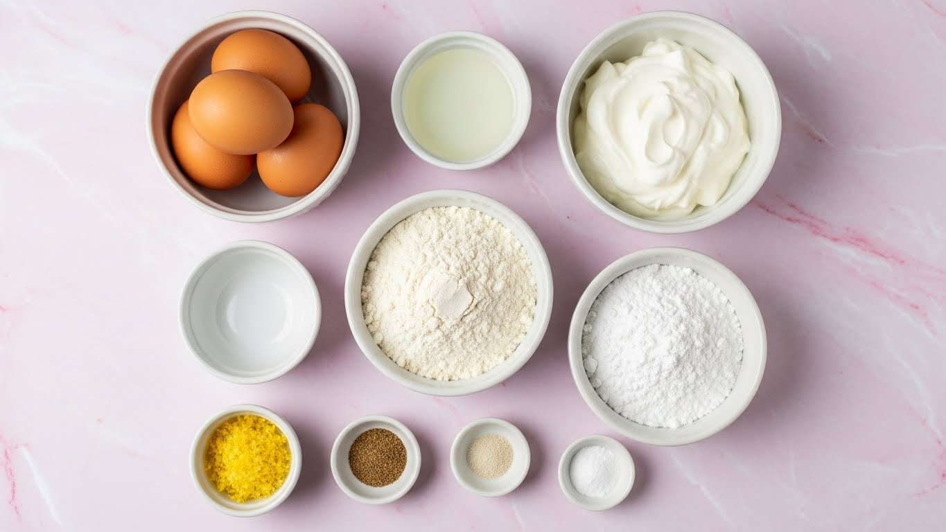 The image shows a white marbled surface with eight small white bowls arranged neatly. Four brown eggs sit in a white bowl on the top left. Next to it, a small bowl holds a white liquid, likely milk. Another white bowl at the top right contains thick white cream or sour cream with a smooth texture. Below, a bowl with white flour is positioned in the middle left, and another with a fine white powder, likely baking powder, is placed in the middle right. At the bottom, a small bowl with bright yellow lemon zest sits beside two smaller bowls, one with a pinch of salt and the other with a pure white powder, possibly sugar or baking soda. The colors show soft browns, whites, and a bright pop of yellow, neatly arranged on the white marbled background photo taken with an iphone --ar 4:5 --v 7