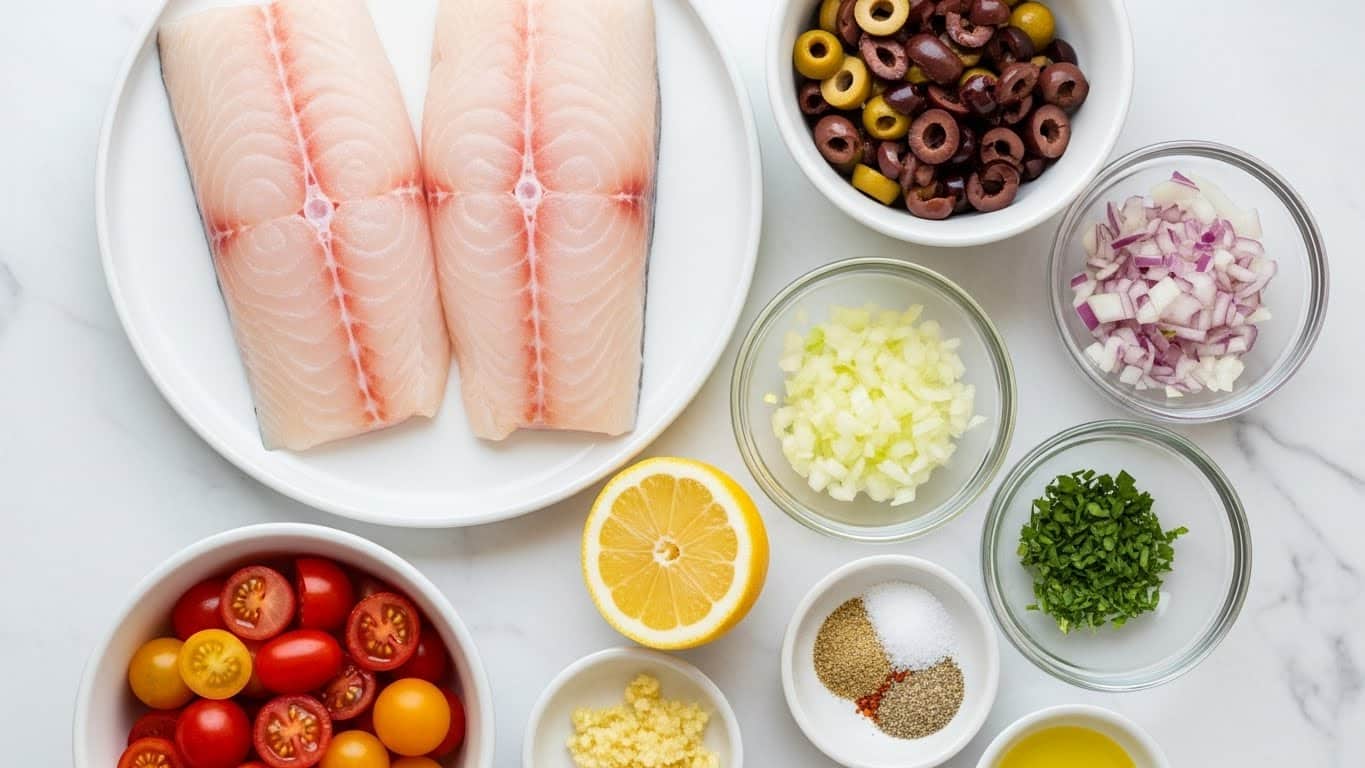 The image shows two pieces of raw white fish fillets with slight pinkish tones, placed side by side on a round white plate at the top center. Surrounding the fish are small white bowls and clear glass bowls with ingredients: to the right, a white bowl holds green and black sliced olives, below it a white bowl with finely chopped shallots or onions, and next to that a clear glass bowl contains green herbs. To the bottom left is a white bowl filled with halved red and yellow cherry tomatoes. In the center sits a halved lemon with bright yellow skin and pale yellow flesh. There are also small white bowls with minced garlic, a mix of dry spices with salt, and olive oil in a small white bowl. The whole scene is set on a white marbled surface, and the photo is taken overhead with soft natural light. Photo taken with an iphone --ar 4:5 --v 7