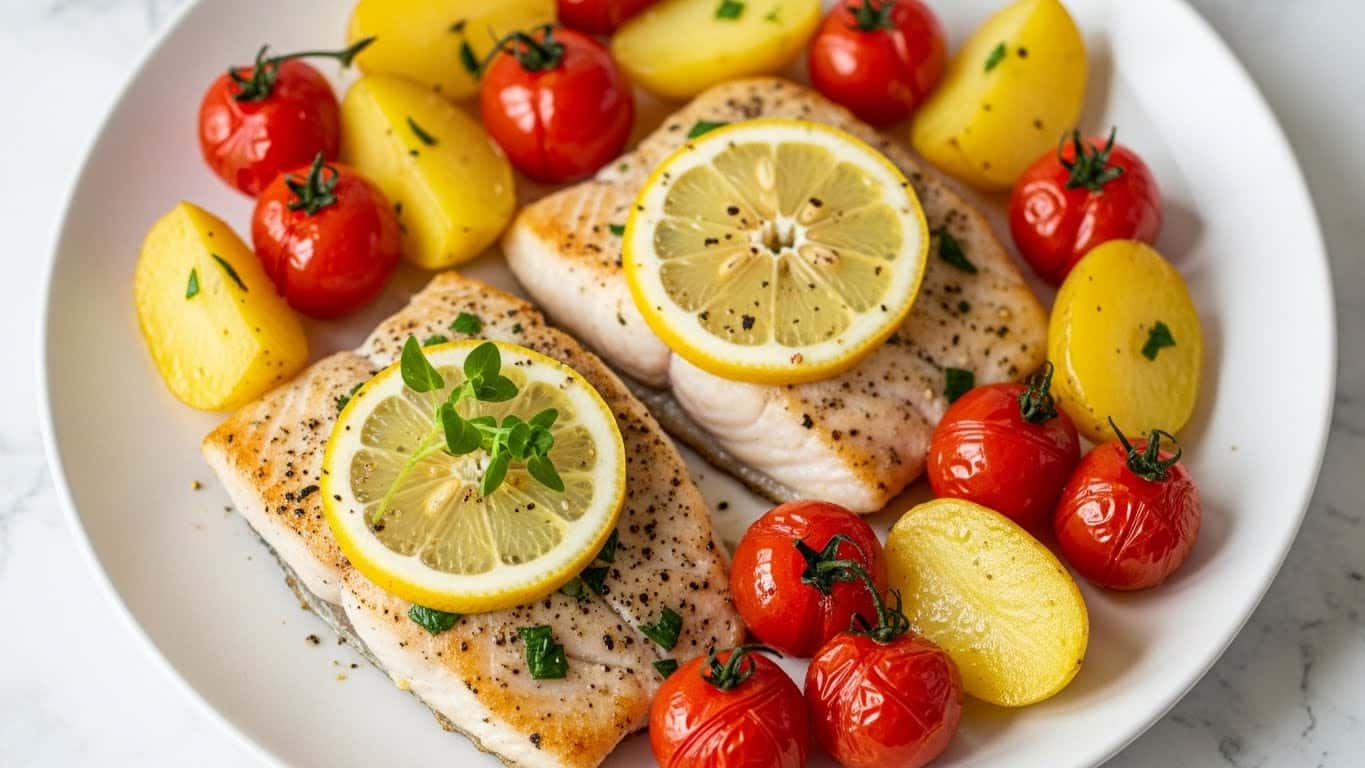 The image shows two cooked fish fillets on a white plate, each topped with a slice of lemon and sprinkled with green herbs and black pepper. Around the fillets, there are roasted yellow potato halves and bright red cherry tomatoes, some slightly wrinkled from cooking. The fillets have a golden-brown color with crisp-looking edges. A small sprig of green herbs rests on top of one fillet, adding extra color. The background and surface beneath the plate have a white marbled texture. photo taken with an iphone --ar 4:5 --v 7