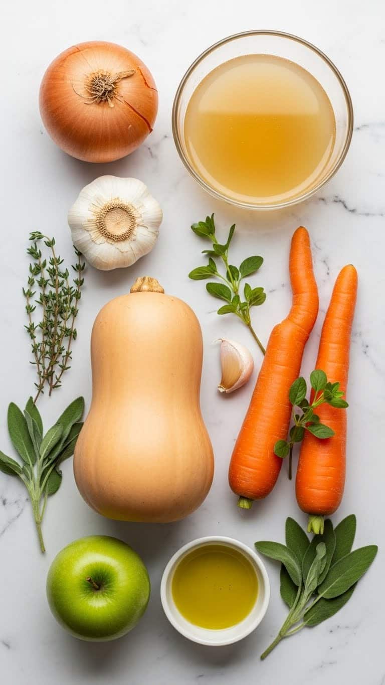 The image shows various fresh ingredients placed on a white marbled surface. From top to bottom, there is a whole onion with its golden skin, a glass bowl of clear broth, a whole butternut squash with a smooth tan skin, a garlic bulb with white papery layers, a green apple with a shiny skin, two bright orange carrots with smooth texture, a small white bowl containing olive oil with a green tint, and fresh green herbs including thyme and sage arranged gently. The colors range from warm brown, orange, and yellow to fresh green, set clearly against the marbled background. Photo taken with an iphone --ar 4:5 --v 7