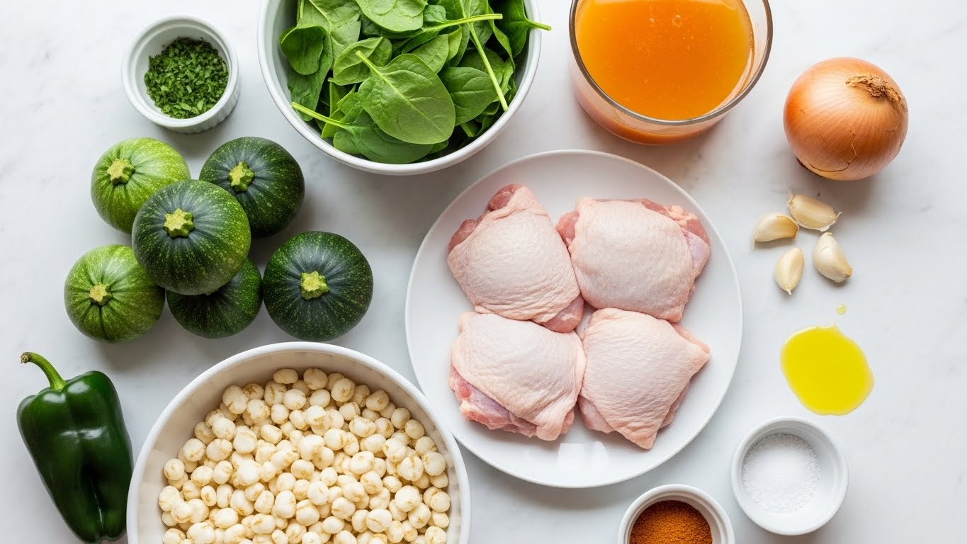 The image shows several ingredients placed neatly on a white marbled surface. At the center is a white plate holding four pieces of raw chicken thighs with pale pink skin. Above the chicken, there is a white bowl full of fresh green spinach leaves. To the left, there are four small green squash with a smooth texture. Above and to the right of the chicken, a glass container with orange-colored broth is visible. Near the top right corner, there is a whole yellow onion. Below the onion, there are three peeled garlic cloves. To the bottom right of the chicken, a small white bowl has a bit of salt. Just next to that, a small puddle of olive oil is on the surface. Below the chicken, a large white bowl is filled with chopped white hominy. To the left, a dark green poblano pepper rests on the surface, and a small white bowl contains ground yellow chili powder. Finally, to the upper left side, another small white bowl contains chopped green herbs. The overall look is tidy and fresh as if preparing to make a stew or soup. Photo taken with an iphone --ar 4:5 --v 7