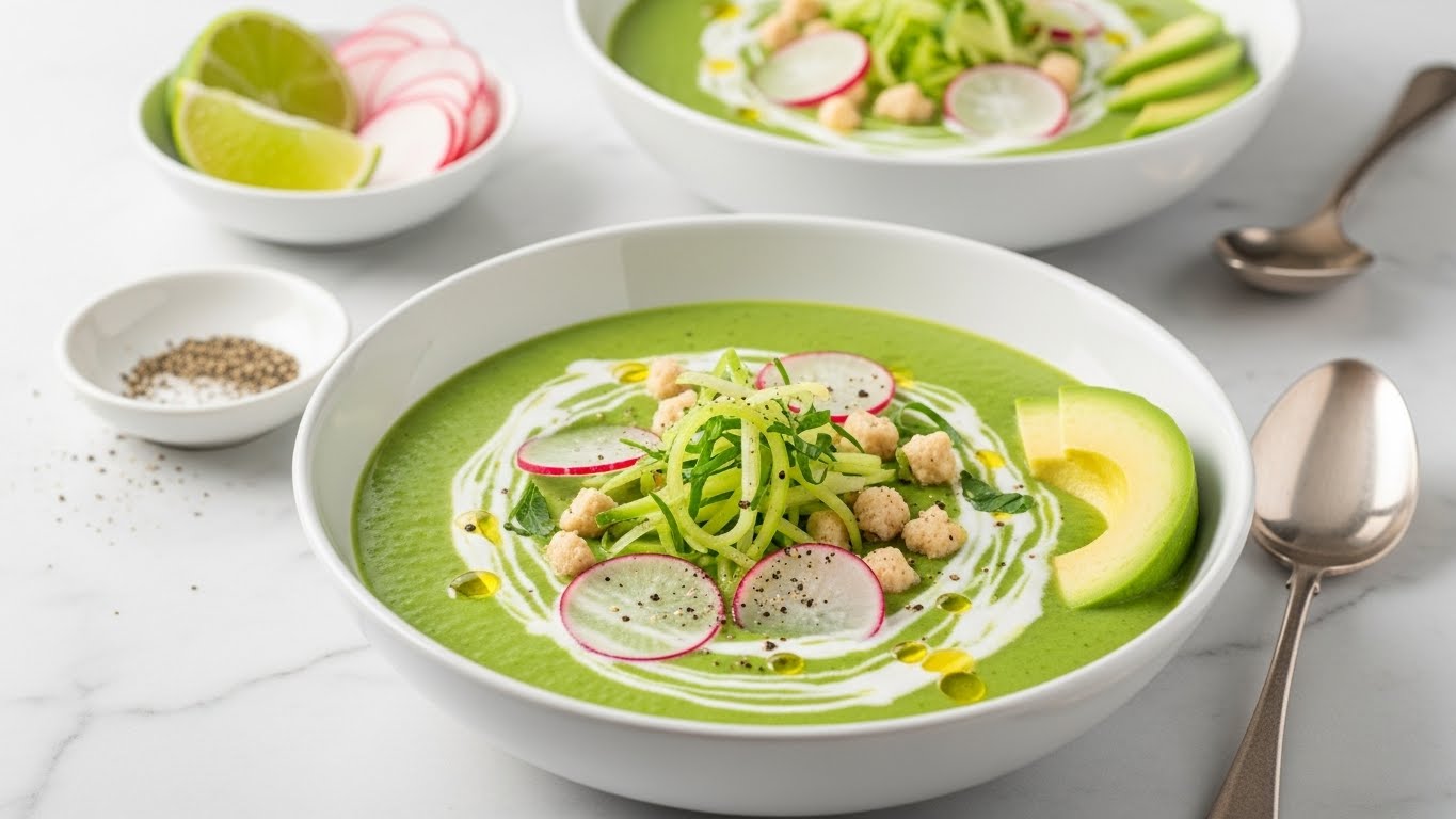 The image shows two white bowls on a white marbled surface, each filled with green soup. The front bowl has three layers: the base is smooth green soup, topped with white creamy swirls, and decorated with thin slices of radish, light green shredded vegetables, and small beige chunks, with a slice of avocado on the side. The second bowl behind it has a similar green soup with lime wedges and radish slices in a separate small white bowl on the surface. A small white dish with black pepper is nearby, and a silver spoon rests on the right side. The photo is taken with an iphone --ar 4:5 --v 7