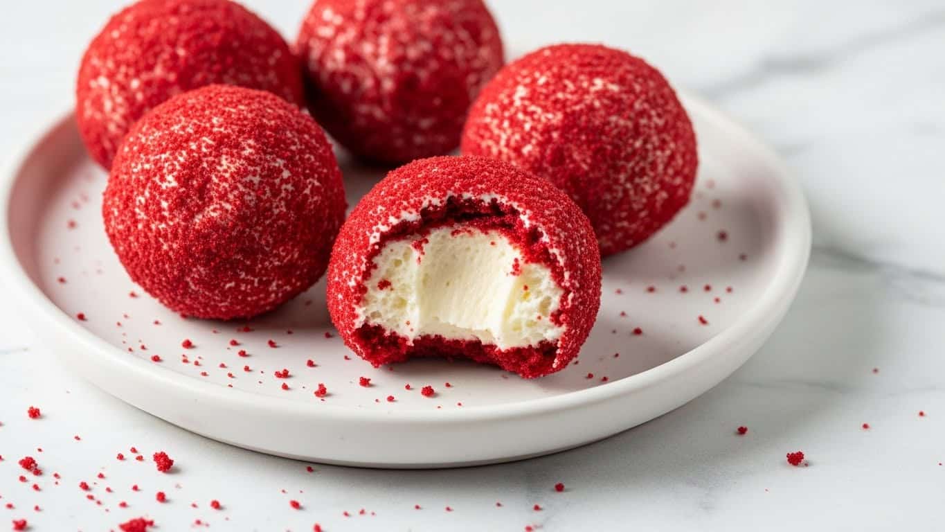 The image shows four small red velvet cake balls with a rough red crumb coating on a white ceramic plate. One cake ball is bitten, revealing a smooth white cream cheese filling inside. The cake balls are round and evenly sized, with the creamy center contrasting nicely with the deep red outer cake layer. The plate sits on a white marbled surface with some red crumbs scattered around it. photo taken with an iphone --ar 4:5 --v 7