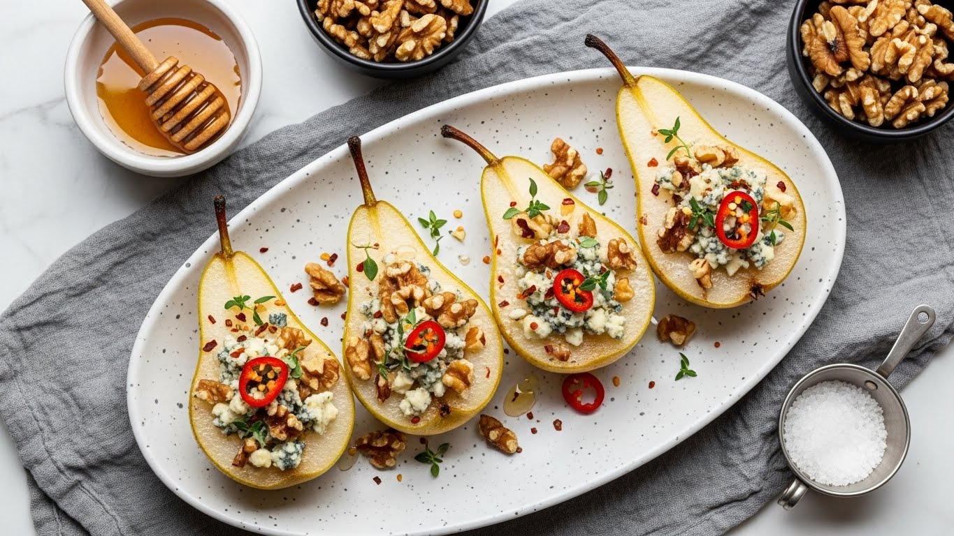 The dish shows five pear halves placed side by side on a white speckled oval plate, each pear golden brown on the edges with soft light greenish-yellow flesh. On top of the pears, there are crumbled blue cheese, chopped walnuts, small green thyme leaves, and red chili flakes, giving a varied texture and color combination of creamy, crunchy, and spicy elements. The plate rests on a wrinkled grey cloth over a rough white marbled surface. Nearby, there is a small white bowl with honey and a wooden honey dipper dripping honey inside it, a small black bowl filled with walnuts, and a small metal dipping cup with coarse sea salt, all adding detail and warmth to the scene. photo taken with an iphone --ar 4:5 --v 7