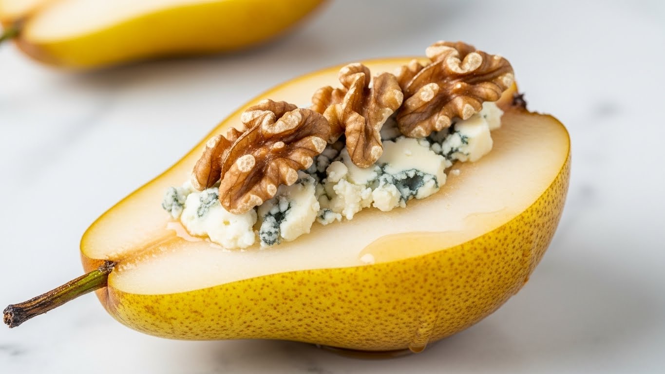 The image shows a pear sliced in half with the seeds removed, placed on a white marbled surface. The pear's skin is golden yellow with a few small spots, and the inside is soft and juicy. In the hollow center, there is a creamy blue cheese layer, topped with several crunchy walnut halves arranged neatly. The pear looks slightly glossy as if lightly coated with syrup or honey, giving it a shiny texture. In the background, a blurred similar pear half is visible. photo taken with an iphone --ar 4:5 --v 7
