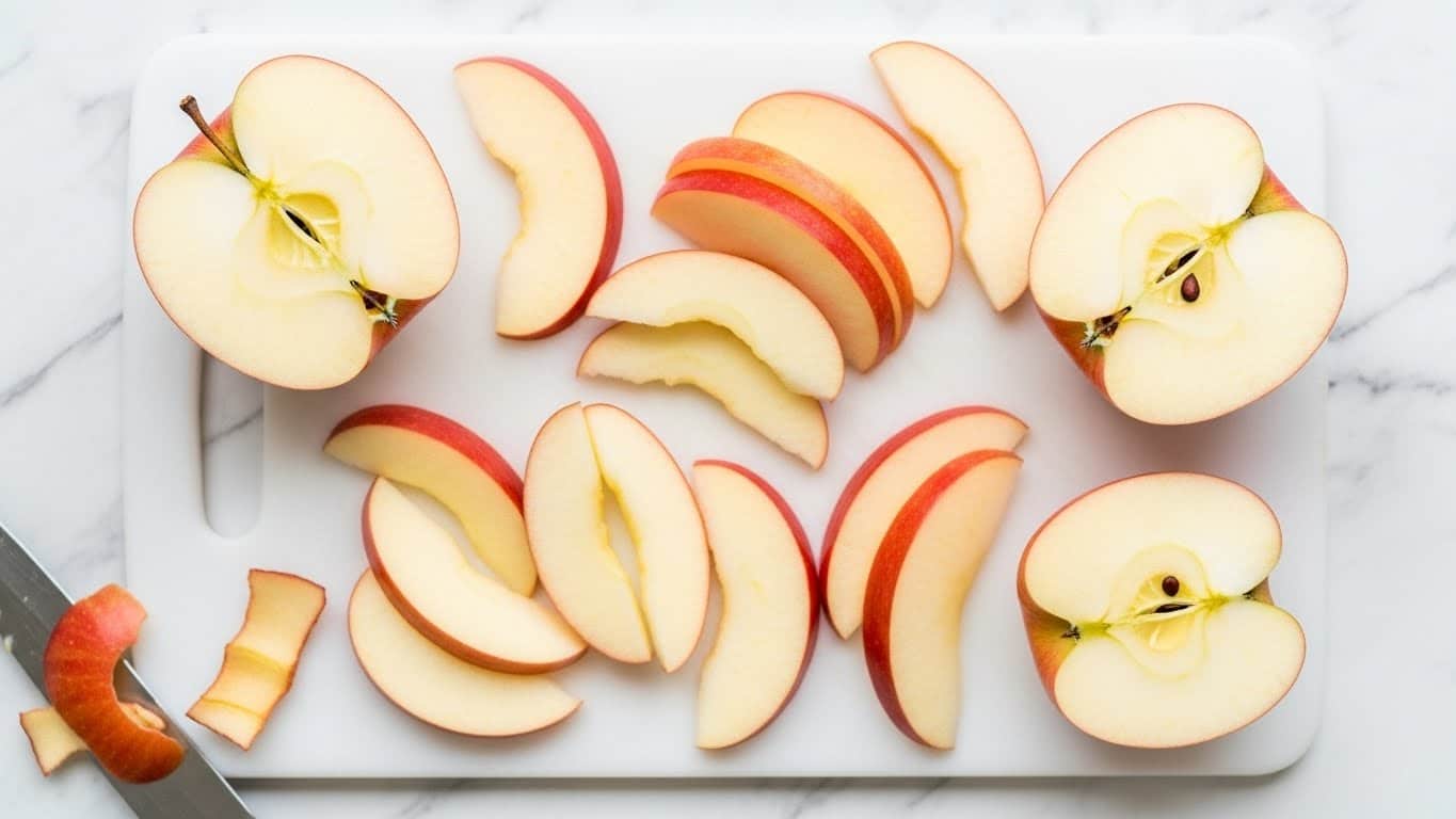 The image shows a white cutting board on a white marbled surface with several thin, curved apple slices spread across it. The apple slices have red skin on the edges and pale yellow flesh inside. There are about three apple halves and multiple slices arranged loosely. In the lower left corner, the tip of a knife blade is visible with some apple core pieces next to it. The scene is bright and clean, focusing on the fresh apple slices. photo taken with an iphone --ar 4:5 --v 7