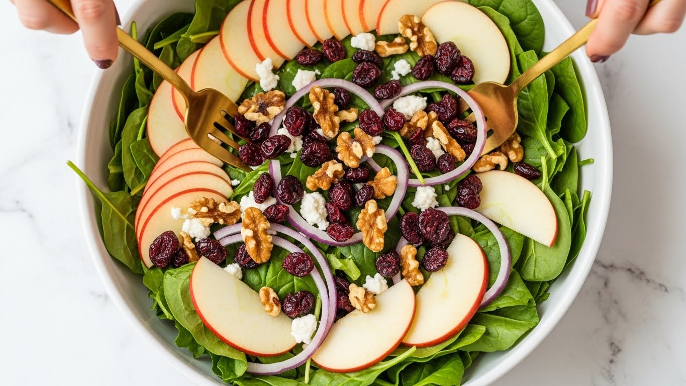 A white bowl filled with a fresh salad shows green leafy lettuce and spinach as the base layer, with thin slices of red apple and onion spread on top. Dark red dried cranberries and small pieces of light brown walnuts add texture and color contrast across the salad. Small white crumbles of cheese are scattered lightly over everything. A woman's hand holding gold-colored salad forks is mixing the ingredients together. The bowl is placed on a white marbled surface. photo taken with an iphone --ar 4:5 --v 7