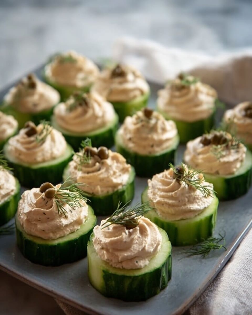 The image shows several small round cucumber slices arranged neatly on a white tray placed on a white marbled surface. Each cucumber slice is topped with a swirl of creamy light beige spread that looks smooth and fluffy. Some of the slices have small dark capers on top, while others are decorated with small green dill sprigs, adding a fresh touch. The lighting is natural and soft, highlighting the textures of the cucumber skin, creamy topping, and delicate herbs. Photo taken with an iphone --ar 4:5 --v 7