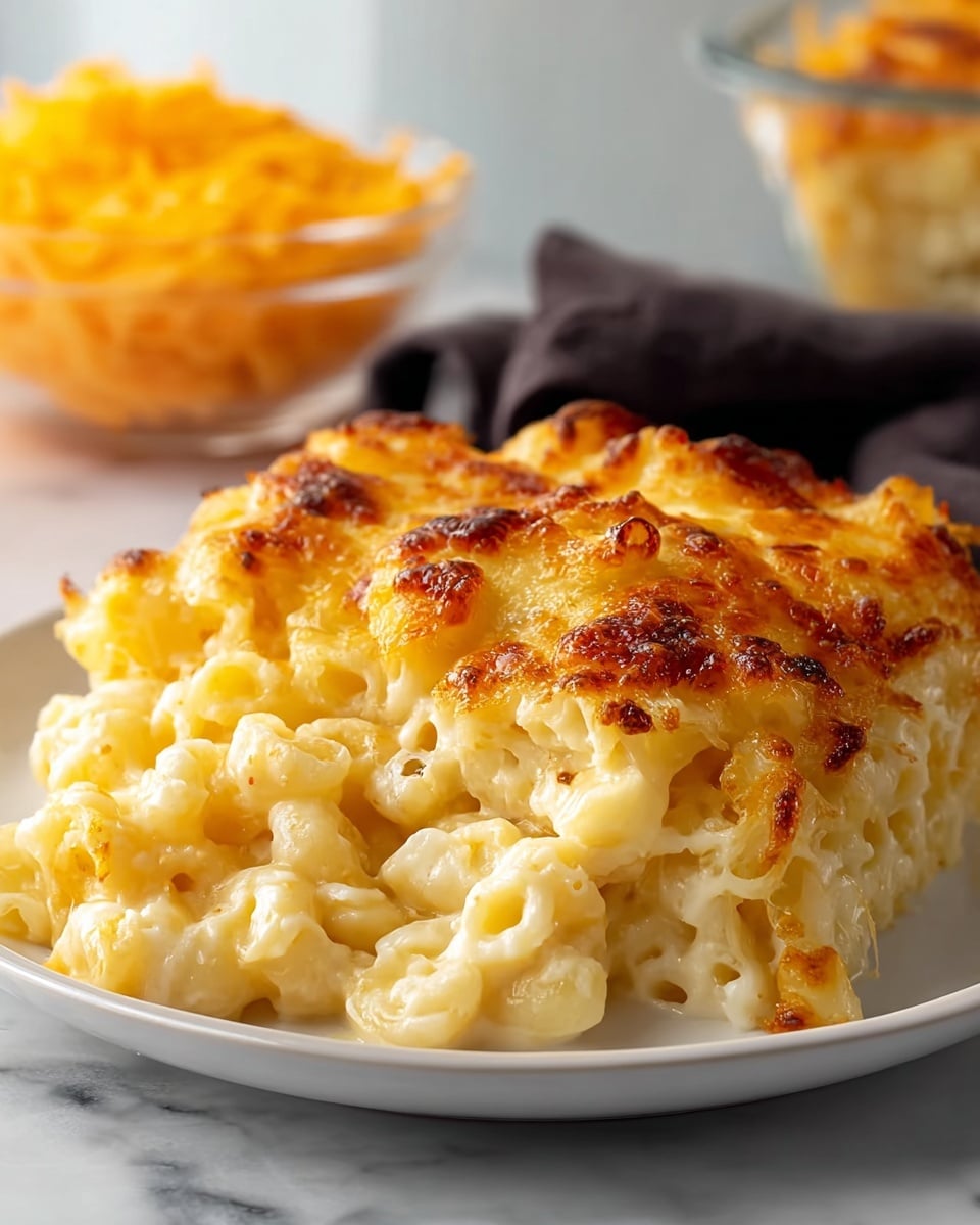 A white plate sits on a white marbled surface holding a serving of baked macaroni and cheese. The dish has two main layers: the bottom is creamy, pale yellow macaroni pasta coated evenly in melted cheese sauce, showing small, soft macaroni curves, while the top layer is a golden-brown crust of melted and slightly crispy cheese with bubbly, browned spots. The texture of the top layer looks bubbly and thick, giving a rich contrast to the smooth pasta below. In the background, a glass bowl filled with bright orange shredded cheese and a dark cloth are softly blurred. Photo taken with an iphone --ar 4:5 --v 7