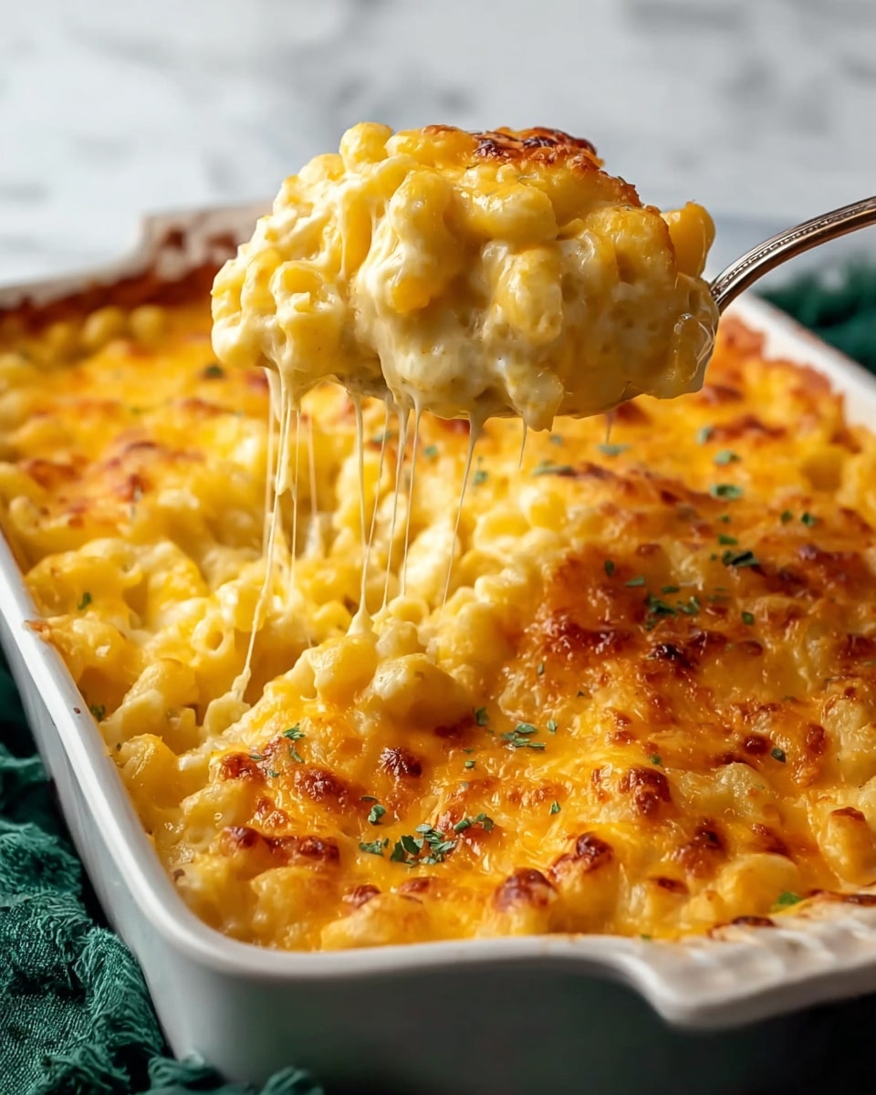 The image shows a close-up of a white casserole dish filled with creamy macaroni and cheese. The dish has two main layers: a rich, golden layer of melted cheese on top, lightly browned and bubbly, with small bits of green herbs sprinkled over. Below is the soft, creamy macaroni, coated in smooth yellow cheese sauce. A spoon lifts a portion from the dish, stretching gooey, stringy cheese from the main portion to the spoon. The background is a white marbled surface, with part of a green cloth visible on the side. Photo taken with an iphone --ar 4:5 --v 7