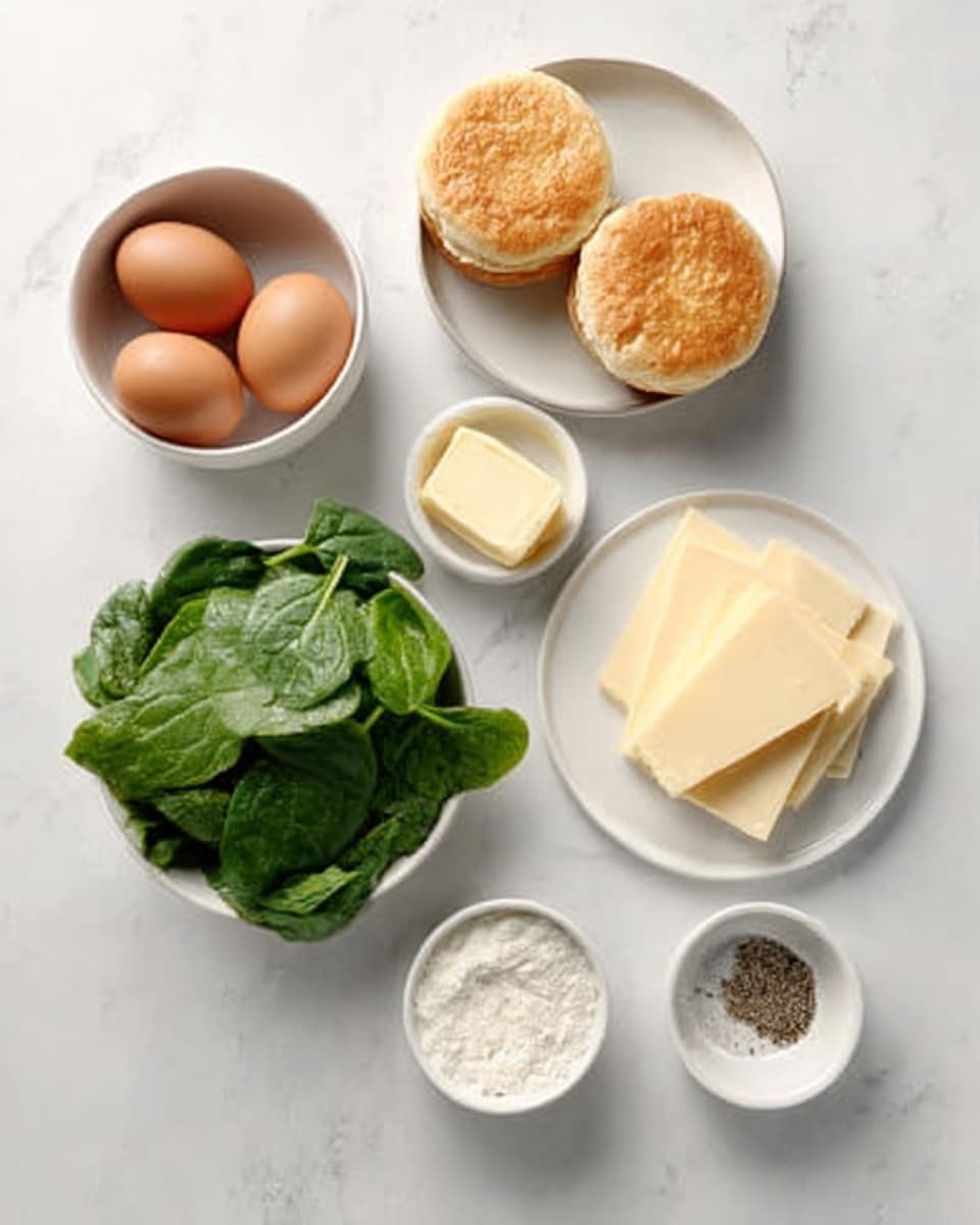 The image shows several white bowls and a plate arranged on a white marbled surface. One bowl contains four brown eggs, another bowl is filled with fresh green spinach leaves. A white plate holds two English muffins that are split into halves and toasted with a light brown texture. Another white plate has slices of pale yellow cheese stacked neatly. There are also two small white bowls, one with a dollop of butter and the other with a white powder, likely salt or baking powder, and a smaller dish with some ground black pepper. The items are all arranged neatly and clearly on the white marbled surface. Photo taken with an iphone --ar 4:5 --v 7