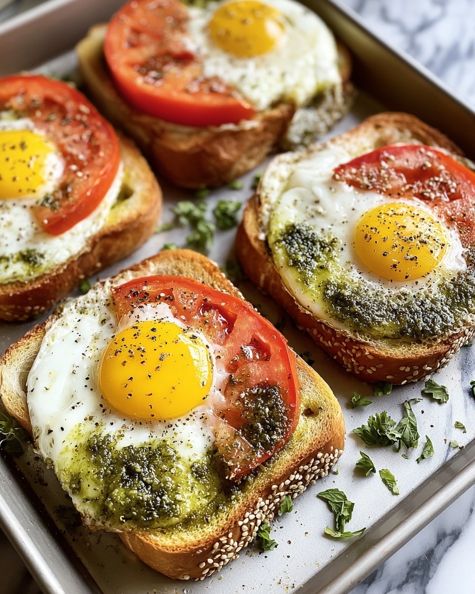 Four slices of white toasted bread each have three layers: a bottom layer of toasted bread with sesame seeds on the crust, a middle layer of a fried egg with a yellow yolk and white cooked edges, and a top layer of a red tomato slice with green pesto sauce drizzled over the yolk and tomato. The eggs are sprinkled with coarse black pepper and some salt. The slices sit on a dark baking tray with a few scattered green herbs around them. The photo is taken close-up on a white marbled surface. photo taken with an iphone --ar 4:5 --v 7