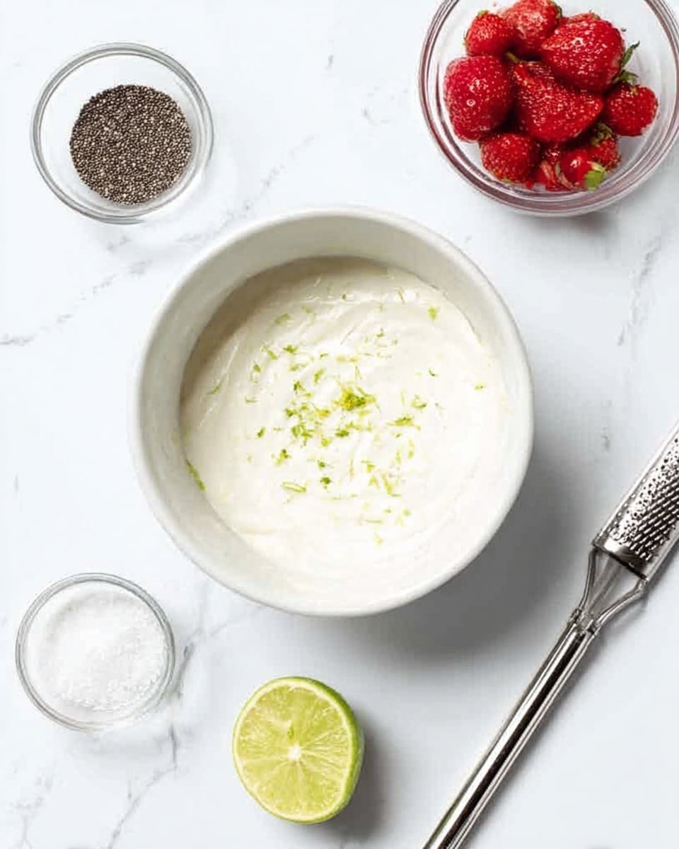 A white bowl holds a smooth, creamy white mixture with small green lime zest pieces on top, centered in the image. To the top right of the bowl is a small clear bowl filled with bright red strawberries, and to the top left is a small clear bowl with dark chia seeds. Below the bowl with cream, on the left, there is a small portion of white granulated sugar in a clear container, while to the right below, a halved lime with a bright green interior sits next to a metal zester with a black handle. The white marbled surface forms the background, and the photo is taken with an iphone --ar 4:5 --v 7