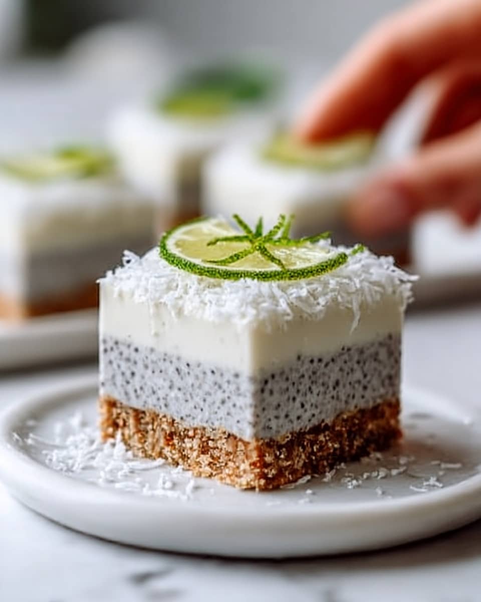 A square-shaped dessert with three clear layers stands on a white marbled surface. The bottom layer is a crumbly light brown crust. The middle layer is thick, smooth, and white with a slightly grainy texture suggesting chia seeds. The top layer is a thin, smooth white cream decorated with shredded coconut and thin slices of green lime zest scattered on top. The edges are clean and sharp. Photo taken with an iphone --ar 4:5 --v 7