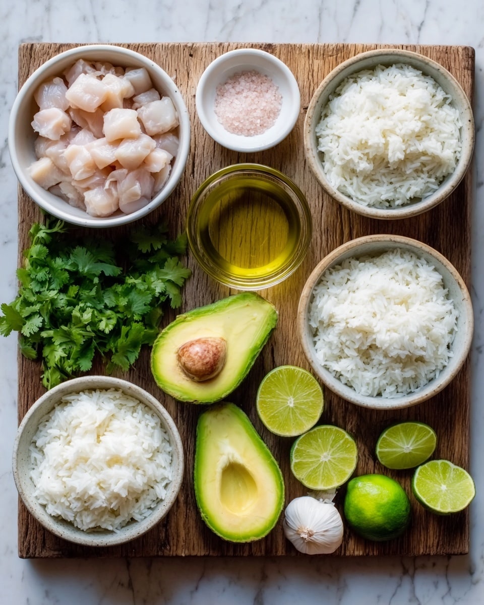 A wooden board with several ingredients neatly arranged: a white bowl filled with light pink diced chicken pieces on the top left, a small glass bowl with golden olive oil next to it, and fresh green cilantro leaves placed beside the oil. Towards the center are two halves of a ripe avocado, one with the pit still inside, showing its smooth green inside. To the right, two white bowls hold fluffy white rice, one bigger and one smaller. There is a tiny white bowl with pink salt near the cilantro, and next to it, half slices of bright green limes placed on the bottom right. A bulb of garlic lies near the bowls of rice, all set on a white marbled surface. photo taken with an iphone --ar 4:5 --v 7