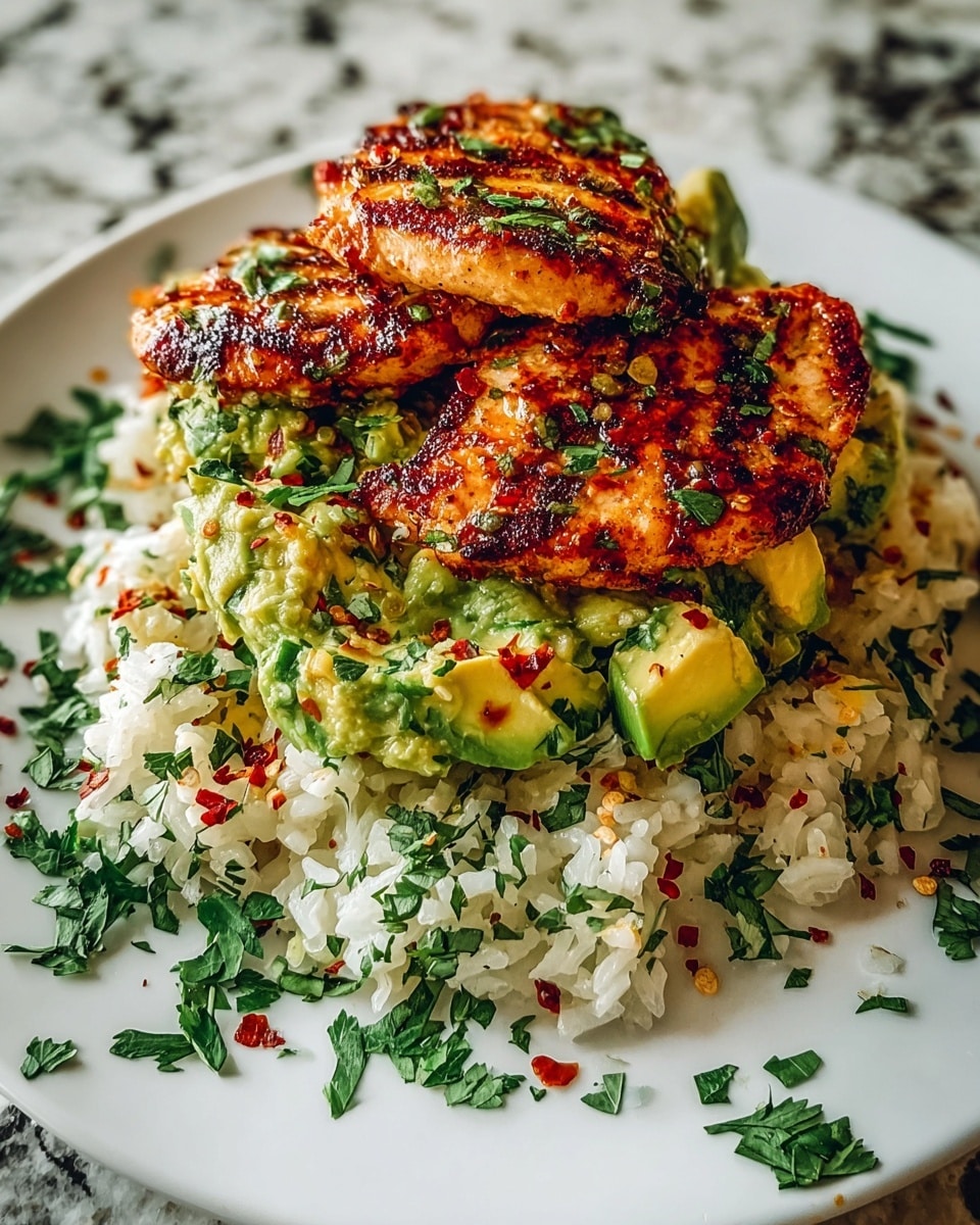 The dish is made in three layers on a white plate. The bottom layer is cooked white rice mixed with small green herb pieces and sprinkled with red chili flakes, giving it a slightly colorful and textured look. The middle layer is made of chunky green avocado pieces with small herb bits mixed in, placed evenly on top of the rice. The top layer has three grilled golden-brown pieces of chicken with some char marks and fresh green herbs scattered on them. More chopped green herbs are spread around the plate for decoration. The plate sits on a white marbled surface. photo taken with an iphone --ar 4:5 --v 7