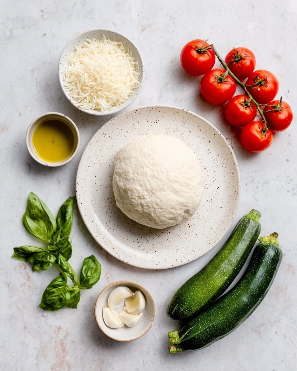 The image shows a round ball of dough placed in the center of a white plate with small specks on it. Around the plate, there are small bowls containing white shredded cheese, olive oil, and garlic cloves. A bunch of bright red cherry tomatoes still on the vine sit to the top right, while a fresh green zucchini and a small bunch of green basil leaves lay to the left and bottom right respectively. All items are arranged neatly on a white marbled surface. Photo taken with an iphone --ar 4:5 --v 7