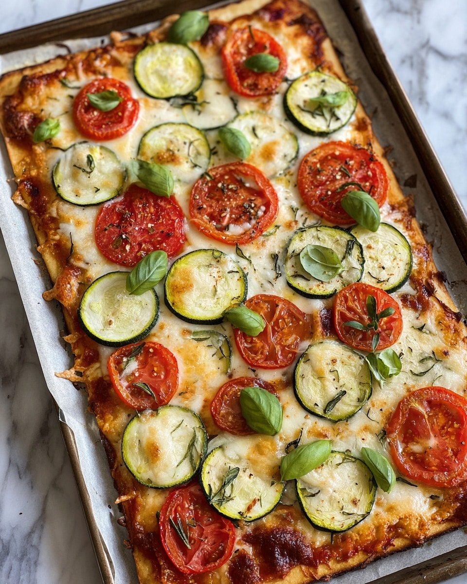 The image shows a rectangular pizza on a metal baking tray lined with parchment paper. The pizza has a thin, golden-brown crust topped with a layer of melted white cheese with slight browning. On top of the cheese, there are slices of green zucchini and red tomato, arranged in a scattered pattern. Some tomato halves are whole, some sliced, and the zucchini slices have a light sprinkle of herbs. There are small green basil leaves placed on several slices, adding bright green spots across the pizza. The photo is taken on a white marbled surface. photo taken with an iphone --ar 4:5 --v 7