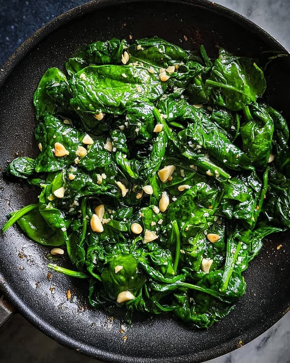 A black pan filled with bright green cooked spinach leaves, some whole with stems visible, mixed with small, white chopped garlic pieces scattered evenly on top. The spinach looks soft and shiny with slight moisture. The pan sits on a dark textured surface. Photo taken with an iphone --ar 4:5 --v 7