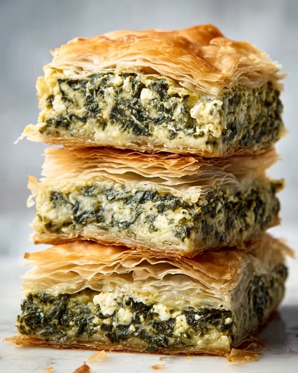 The image shows three pieces of spinach and cheese pastry stacked on top of each other against a white marbled background. Each piece has multiple thin, flaky pale golden layers of pastry on the top and bottom. In the middle, there is a thick, rough-textured green and white filling made of spinach and cheese. The middle layer is soft and crumbly, with small bits of spinach visible. The pastry layers are slightly crisp and flaky, giving a light contrast to the denser filling. Photo taken with an iphone --ar 4:5 --v 7