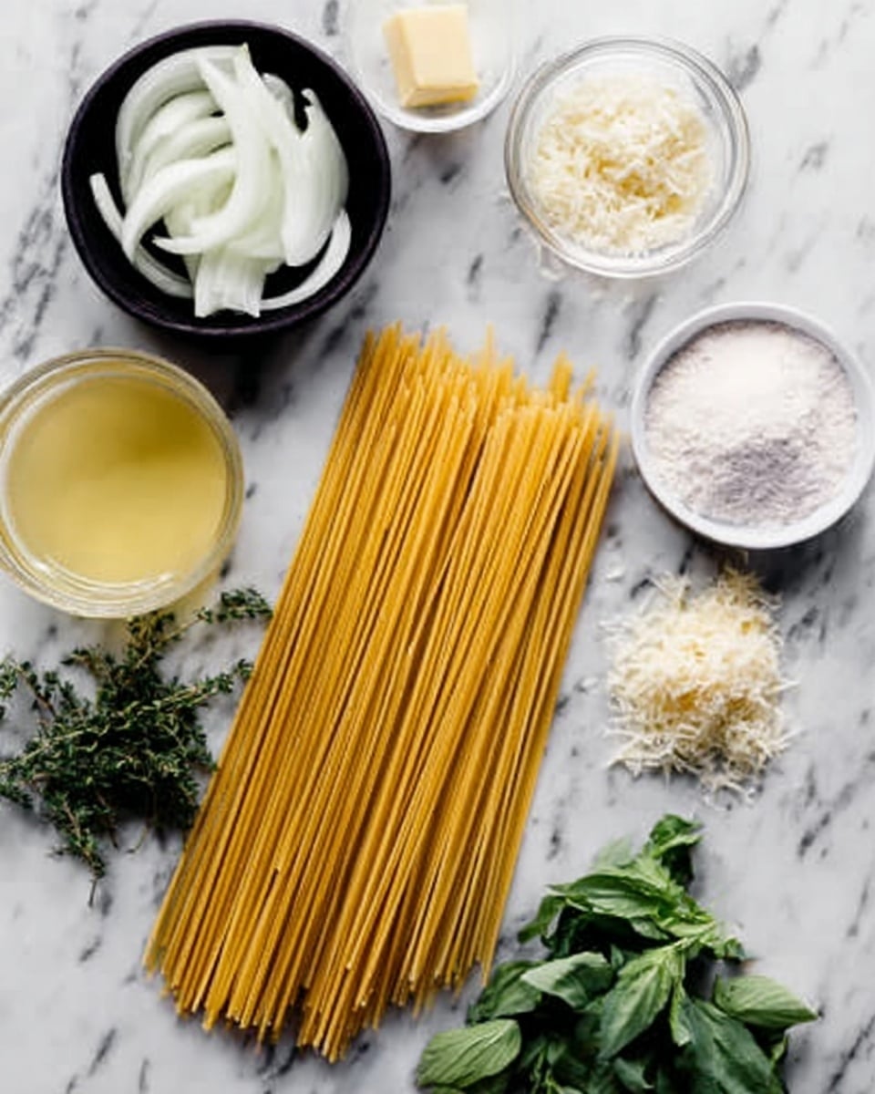 The image shows uncooked spaghetti laid out in a neat stack on a white marbled surface. Nearby, a small black bowl holds thinly sliced white onions. Next to it, a small white bowl has a paddle of butter inside. Around these, there is a small bunch of green leafy herbs, a small pile of grated cheese, and a white bowl filled with a white powdery ingredient. A clear bowl contains light yellowish broth or liquid. Sprigs of fresh green herbs are scattered on the white marbled surface. Photo taken with an iphone --ar 4:5 --v 7