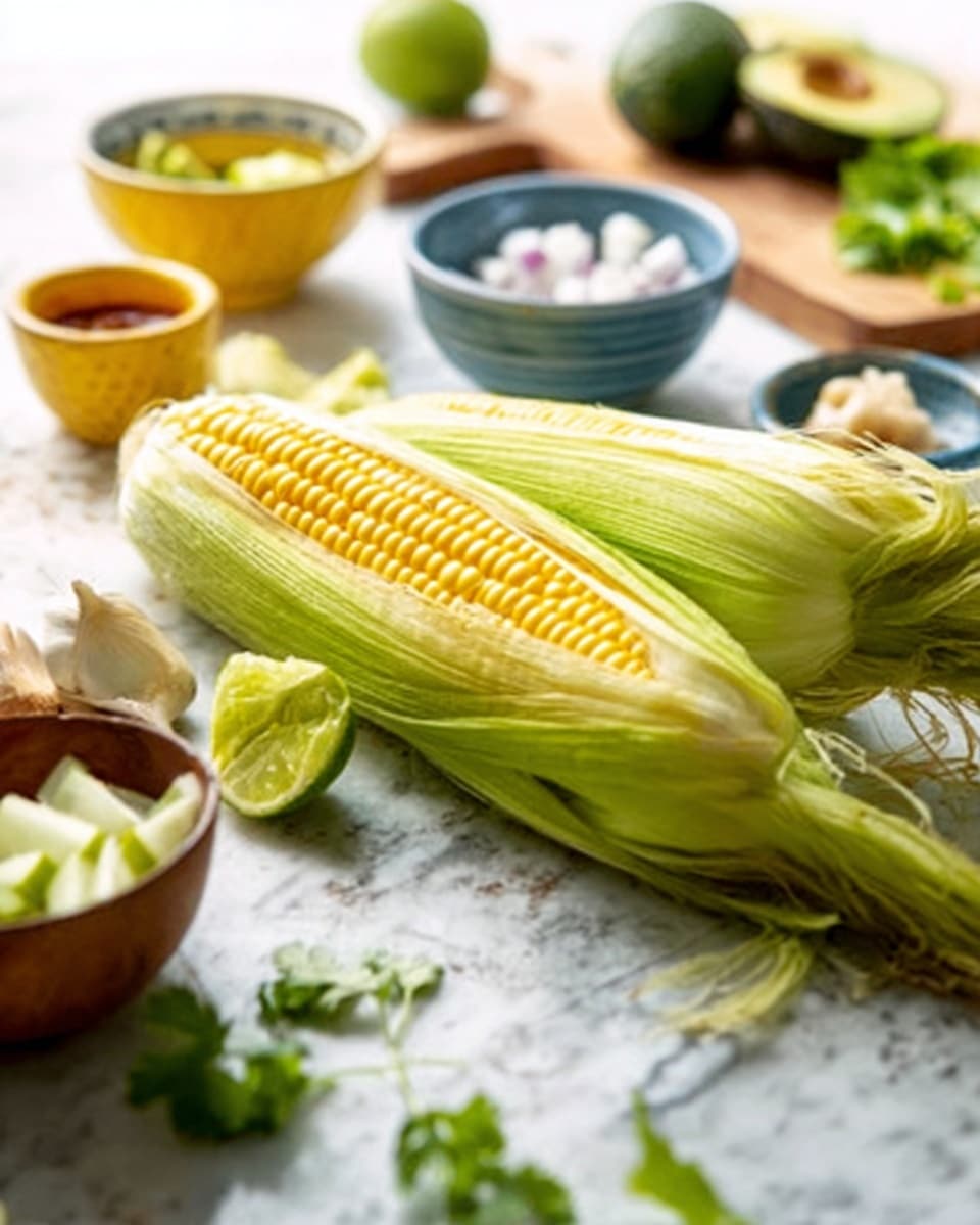 The image shows a fresh ear of corn with bright yellow kernels and light green husks partially peeled back, placed on a white marbled surface. Around it, there are bowls of different sizes and colors—yellow, blue, and white—filled with various ingredients like chopped vegetables and sauces. In the background, there are sliced avocados, a lime, and some fresh green herbs scattered casually on a wooden board. The lighting is soft and natural, highlighting the textures of the corn and other ingredients. Photo taken with an iphone --ar 4:5 --v 7