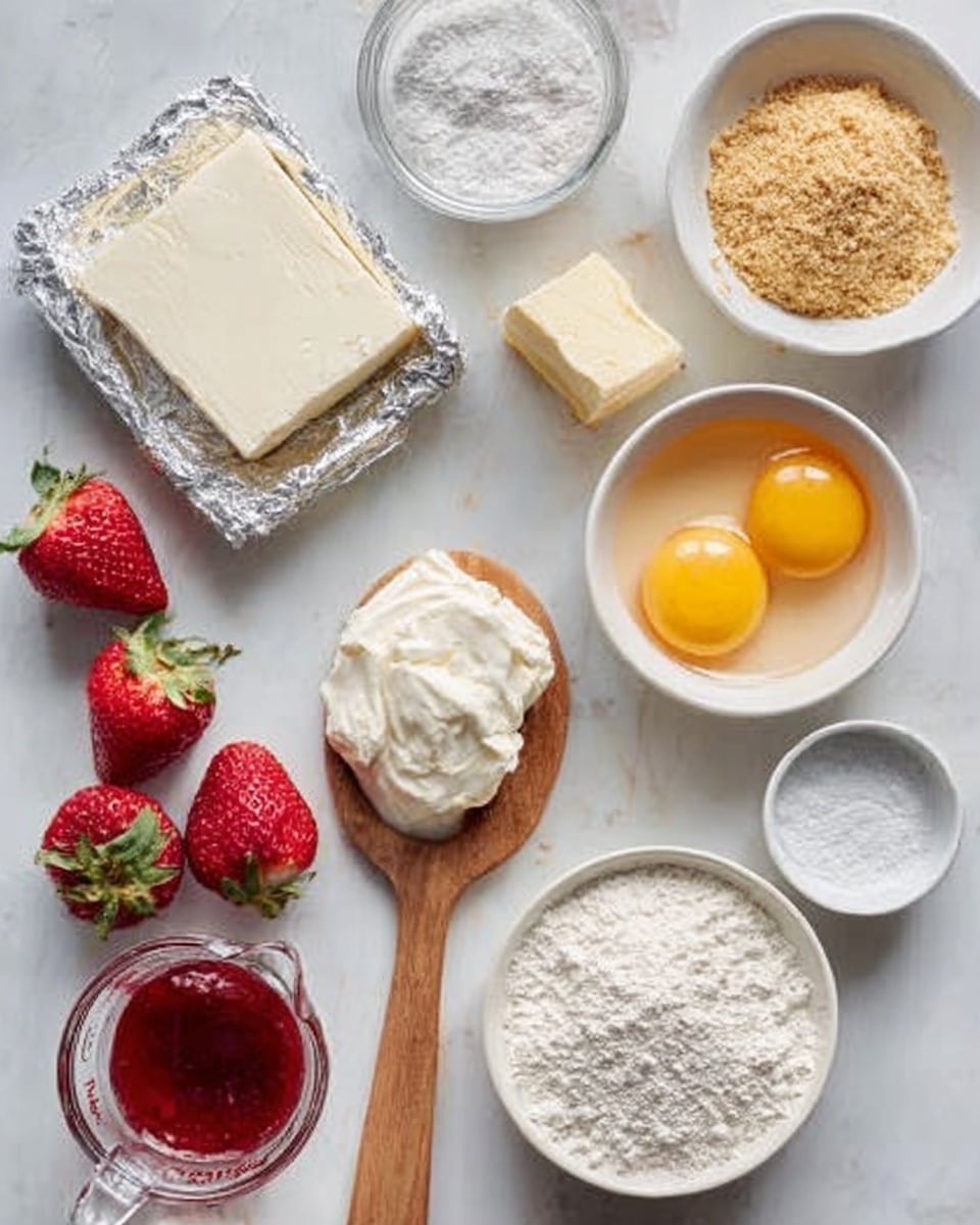 The image shows an overhead view of baking ingredients neatly arranged on a white marbled surface. In the center, there is a block of cream cheese wrapped in foil, with its surface smooth and white. Above it, a small white bowl contains light brown dry crumbs, while to the right, another white bowl has two cracked eggs showing bright yellow yolks and clear whites. Below the cream cheese, a wooden spoon holds a dollop of soft cream cheese with a smooth texture. To the left, there are fresh red strawberries with green leaves, some whole and some sliced. Nearby, a glass measuring cup with a small block of pale yellow butter sits next to a small white bowl filled with white granulated sugar. A tiny white dish contains white powder, likely baking powder or salt. There is also a small section of red jam or sauce at the bottom left. A woman's hand is not visible but implied by the arrangement. The scene is well-lit, with soft shadows and a clean, tidy look. Photo taken with an iphone --ar 4:5 --v 7