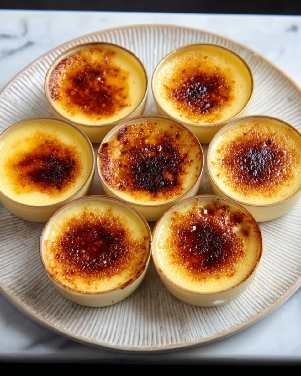 The image shows six small round cups filled with a creamy yellow dessert topped with a caramelized brown layer. The cups are arranged in a circle on a large white plate with a subtle textured pattern. The caramelized tops have a slightly uneven, crispy look with varying shades of golden brown, giving a rich contrast to the smooth yellow custard underneath. The background surface is a white marbled texture, adding elegance to the setting. The photo taken with an iphone --ar 4:5 --v 7