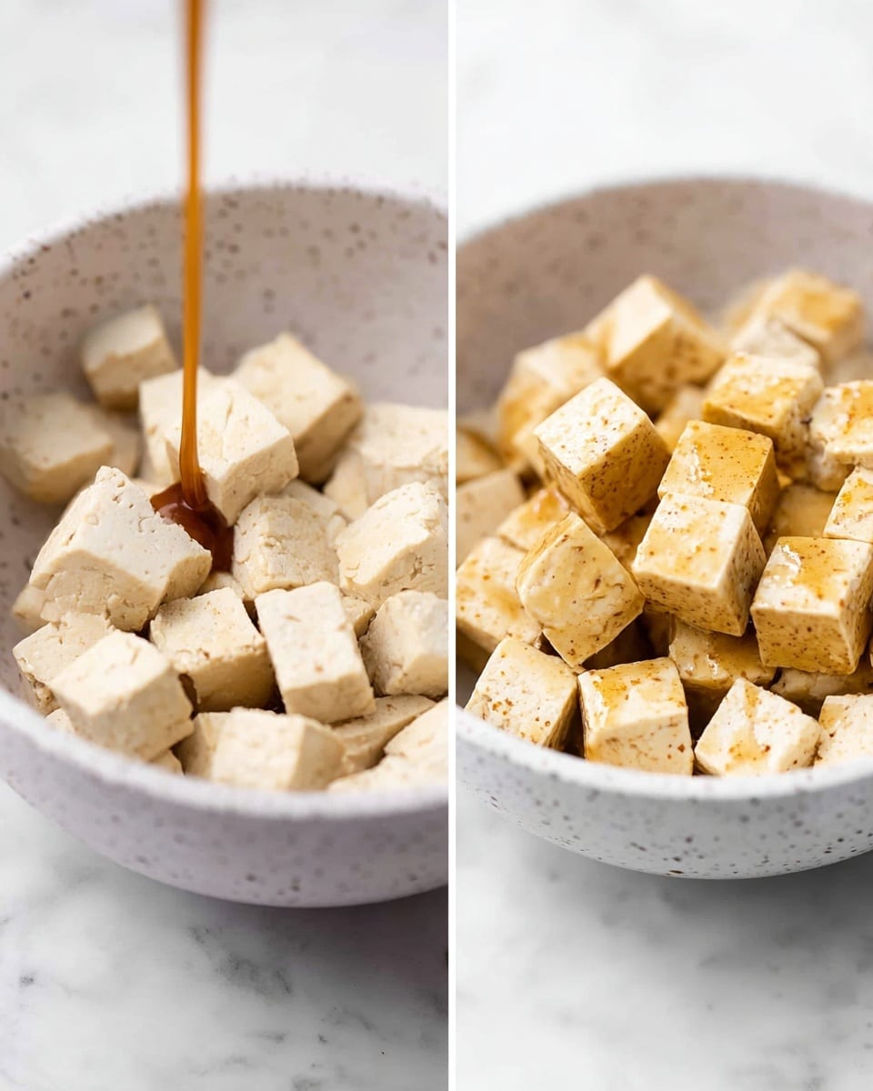 Two side-by-side close-up images show a white speckled bowl on a white marbled surface. The left image shows light beige tofu cubes in the bowl, with a stream of brown sauce being poured over them from above. The right image zooms in on the tofu cubes, which now appear slightly coated in the brown sauce, giving some pieces a warm yellow-brown tint. The tofu cubes have a soft, smooth texture with some slight porousness visible. photo taken with an iphone --ar 4:5 --v 7