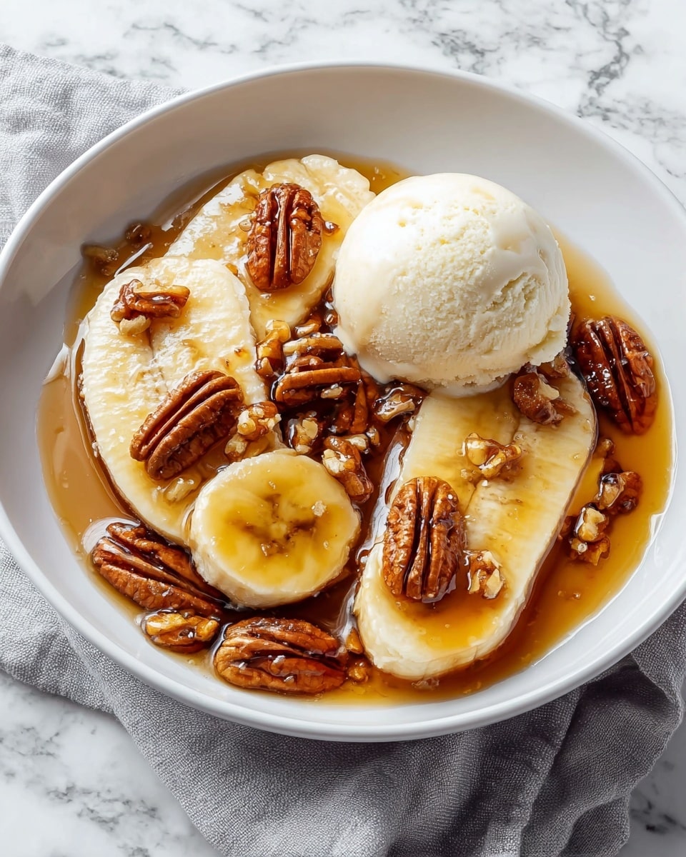 A shiny silver spoon holds three slices of golden caramelized bananas with a sticky brown glaze, showing soft and slightly textured banana flesh under the glaze. The spoon dips into a smooth, creamy white layer beneath the bananas. In the blurred background, more caramelized bananas sit in a white bowl on a white marbled surface, giving a clean and simple look. photo taken with an iphone --ar 4:5 --v 7
