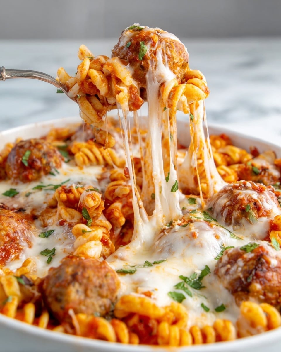 The image shows a close-up of a white dish filled with curly pasta covered in red tomato sauce and topped with melted white cheese that is stretching as a woman's hand lifts some pasta with a fork. Large golden-brown meatballs sit on top of the pasta, sprinkled with small green herb pieces. The white marbled surface underneath adds a clean, bright look to the scene. The melted cheese pulls apart in long, gooey strands, creating a sense of warmth and freshness. photo taken with an iphone --ar 4:5 --v 7