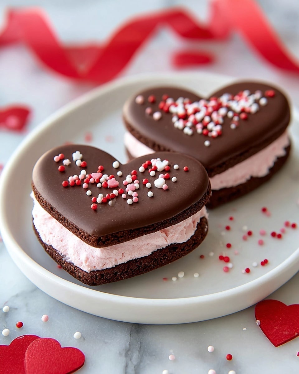 Two heart-shaped chocolate sandwich cookies are on a white plate on a white marbled surface. Each cookie has three layers: the top and bottom layers are dark brown and smooth chocolate hearts, while the middle layer is light pink cream with small red, white, and pink round sprinkles scattered throughout. Around the plate are red heart-shaped sprinkles and tiny red, white, and pink round sprinkles. A red ribbon is partly visible under the plate, adding a festive touch. The photo taken with an iphone --ar 4:5 --v 7