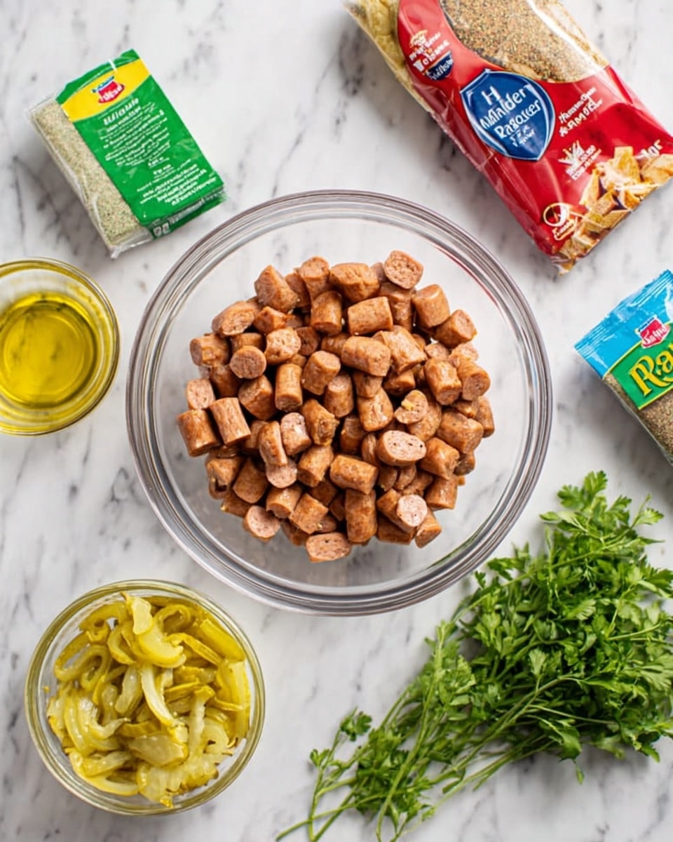 The image shows a clear glass bowl filled with small, light brown sausage pieces. Surrounding the bowl on a white marbled surface are a small rectangular package with green writing, a small round glass container of yellow oil, a round glass bowl filled with pale yellow pickled peppers, a red package of all-purpose seasoning, a green and blue packet of ranch seasoning, and a bunch of fresh green herbs on the right side. A woman's hand is partially visible at the top right corner. Photo taken with an iphone --ar 4:5 --v 7
