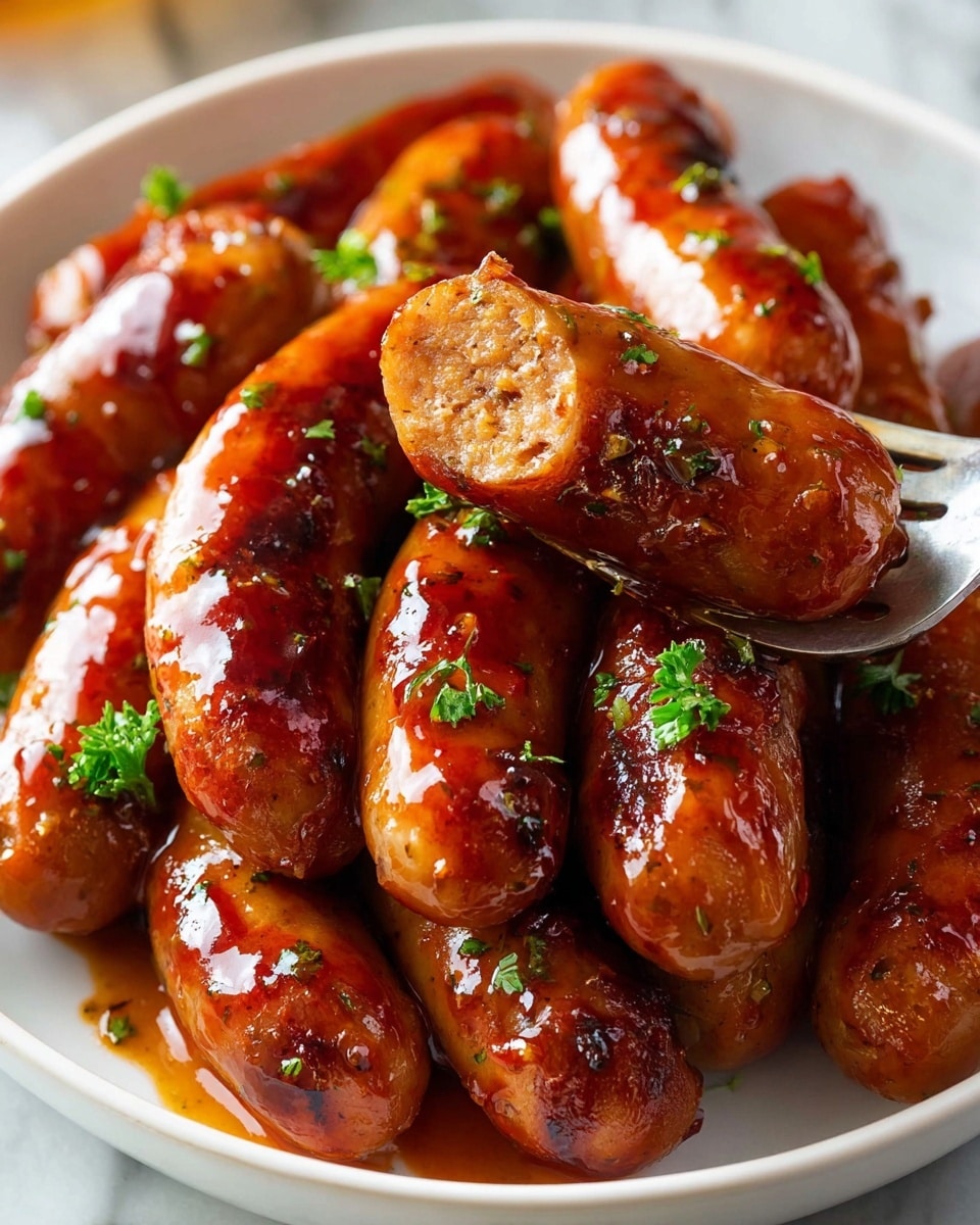 A white shallow bowl filled with about a dozen small sausages covered in a shiny, thick, reddish-brown sauce. The sausages are browned and slightly charred in spots, stacked somewhat unevenly with a cut sausage held by a fork showing the textured inside with small green herb bits on it. Small sprigs of fresh green parsley are scattered on top and around the sausages. The bowl rests on a white marbled surface photo taken with an iphone --ar 4:5 --v 7