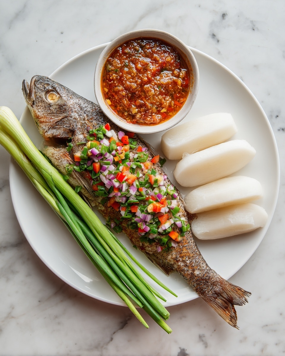 A whole cooked fish placed on a large white plate, with a thick layer of reddish-brown sauce spread evenly over the top side of the fish, showing some texture and small seeds or bits in the sauce. The fish has a grayish color with darker scales and is laid flat, head to the right and tail to the left, with five shallow cuts visible along its body. The plate rests on a dark black marbled surface, and behind the plate, there are five spice jars with wooden and black lids labeled with seasoning names. The background wall has a white marbled texture. Photo taken with an iphone --ar 4:5 --v 7