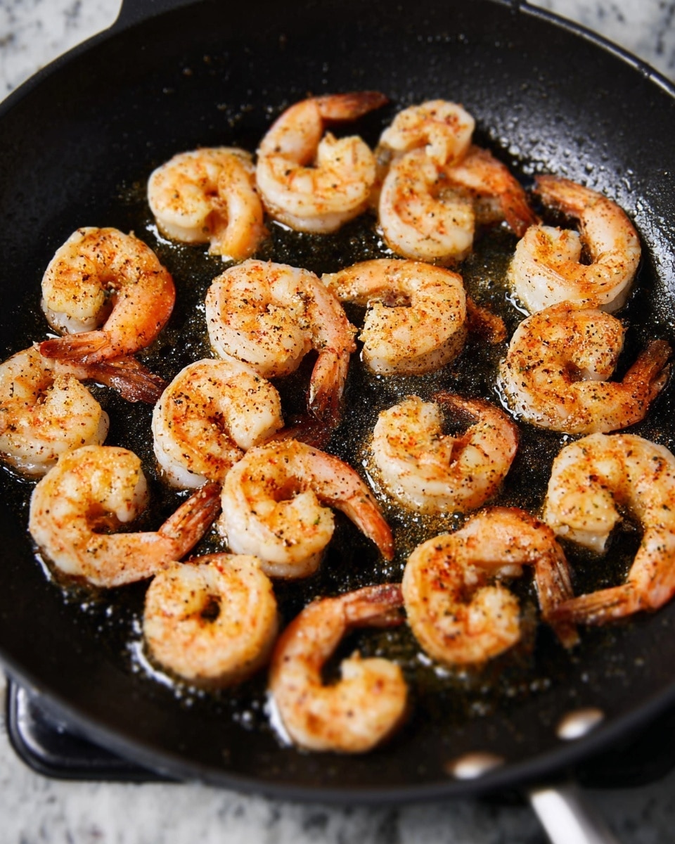 A black pan filled with about sixteen pieces of shrimp, each shrimp arranged in a loose circular pattern with some overlapping. The shrimp are light pink to orange with a dusting of reddish-brown seasoning that gives them a speckled look. The pan has a shiny, slightly oily surface showing light reflections. The background under the pan is a white marbled texture. Photo taken with an iphone --ar 4:5 --v 7