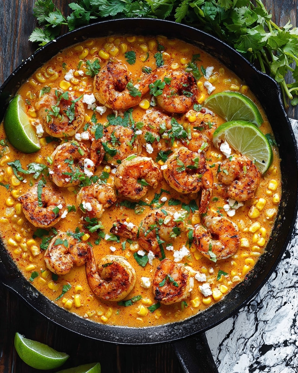 A black skillet filled with creamy orange sauce as the base layer, topped with bright yellow grilled corn kernels scattered evenly, and large pink shrimp with spices arranged all over. Fresh green cilantro leaves and small white cheese crumbles are sprinkled on top. Green lime wedges are placed on the edge inside the skillet and around it slightly visible. The skillet sits on a dark wooden surface with a white marbled texture in the background. Photo taken with an iphone --ar 4:5 --v 7