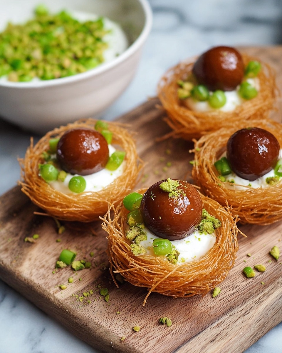 Four small nests made of thin, crispy golden strands sit on a wooden board. Each nest holds a white creamy layer topped with three shiny, brown round balls. Bright green small slivers are sprinkled on top of the balls, adding a fresh pop of color. In the back left, a white bowl is partially visible with more of the bright green slivers inside. The scene is set on a white marbled surface. photo taken with an iphone --ar 4:5 --v 7